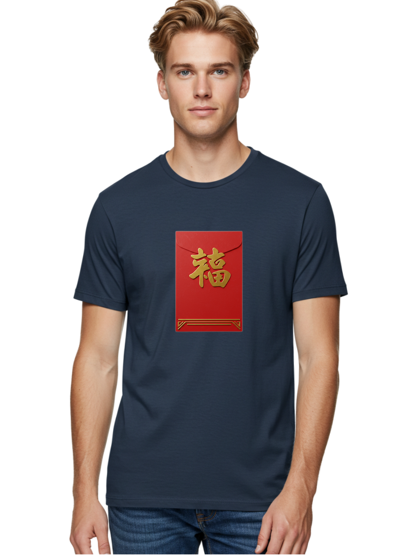 Hong-Fu Men'S Graphic Tee, 100% Cotton, Comfortable Casual Summer Wear, Machine Washable, Red Envelope, Gold Chinese Characters, Prosperity Symbol, Good Fortune, Traditional Gift, Cultural Significance, Lucky Money, Festive Occasion, Hong Fu Baa796