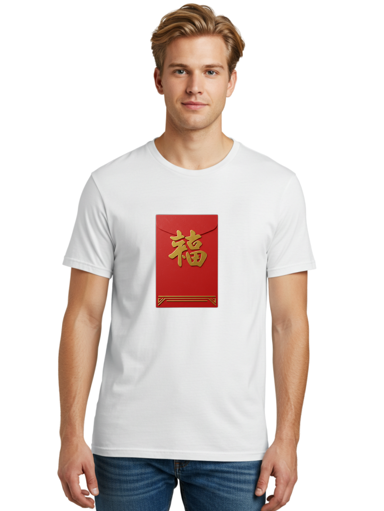 Hong-Fu Men'S Graphic Tee, 100% Cotton, Comfortable Casual Summer Wear, Machine Washable, Red Envelope, Gold Chinese Characters, Prosperity Symbol, Good Fortune, Traditional Gift, Cultural Significance, Lucky Money, Festive Occasion, Hong Fu Baa796