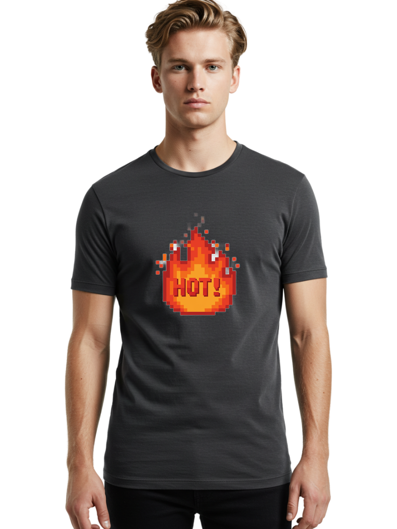 Hot-1 Men'S Graphic Tee, 100% Cotton, Comfortable Casual Summer Wear, Machine Washable, Blazing Fire, Hot Emoji, Burning Flames, Fiery Passion, Intense Heat, Vibrant Graphics, Pixel Art, Retro Style, Digital Graphics Baa797