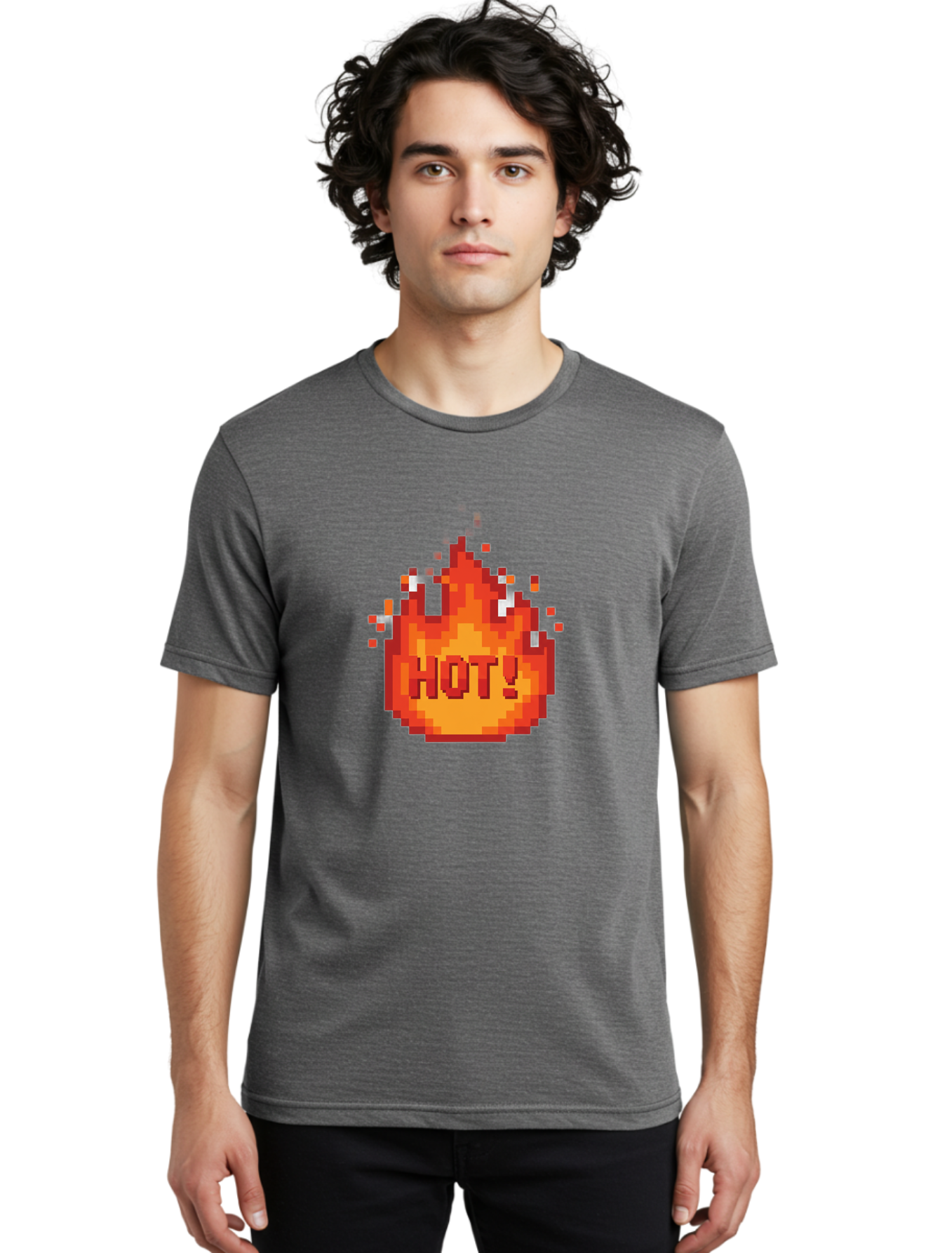 Hot-1 Men'S Graphic Tee, 100% Cotton, Comfortable Casual Summer Wear, Machine Washable, Blazing Fire, Hot Emoji, Burning Flames, Fiery Passion, Intense Heat, Vibrant Graphics, Pixel Art, Retro Style, Digital Graphics Baa797