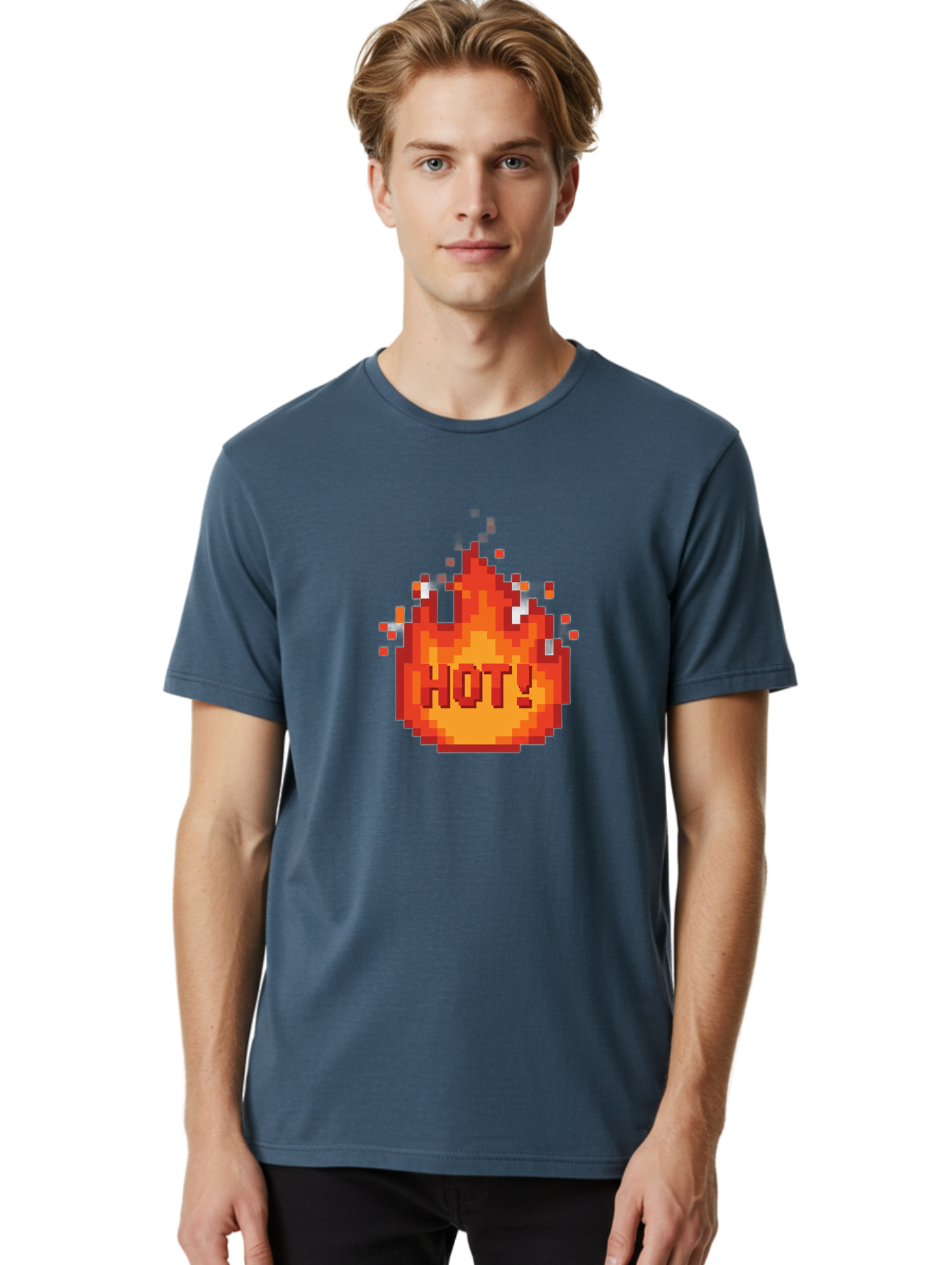 Hot-1 Men'S Graphic Tee, 100% Cotton, Comfortable Casual Summer Wear, Machine Washable, Blazing Fire, Hot Emoji, Burning Flames, Fiery Passion, Intense Heat, Vibrant Graphics, Pixel Art, Retro Style, Digital Graphics Baa797
