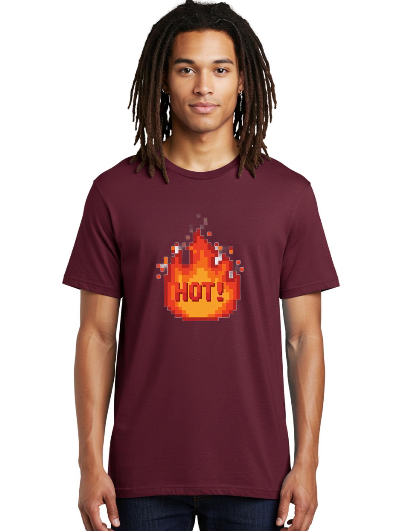 Hot-1 Men'S Graphic Tee, 100% Cotton, Comfortable Casual Summer Wear, Machine Washable, Blazing Fire, Hot Emoji, Burning Flames, Fiery Passion, Intense Heat, Vibrant Graphics, Pixel Art, Retro Style, Digital Graphics Baa797