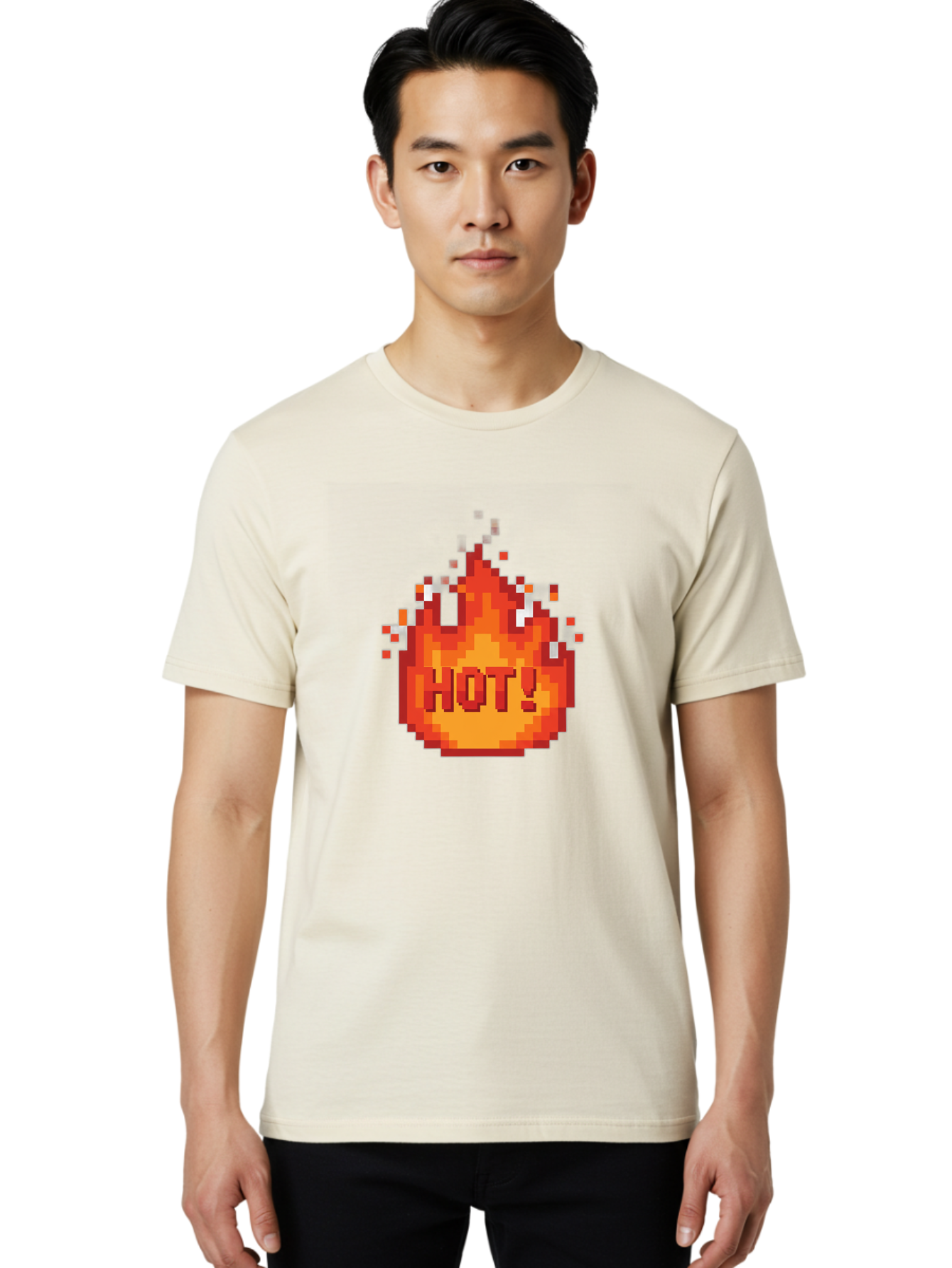 Hot-1 Men'S Graphic Tee, 100% Cotton, Comfortable Casual Summer Wear, Machine Washable, Blazing Fire, Hot Emoji, Burning Flames, Fiery Passion, Intense Heat, Vibrant Graphics, Pixel Art, Retro Style, Digital Graphics Baa797