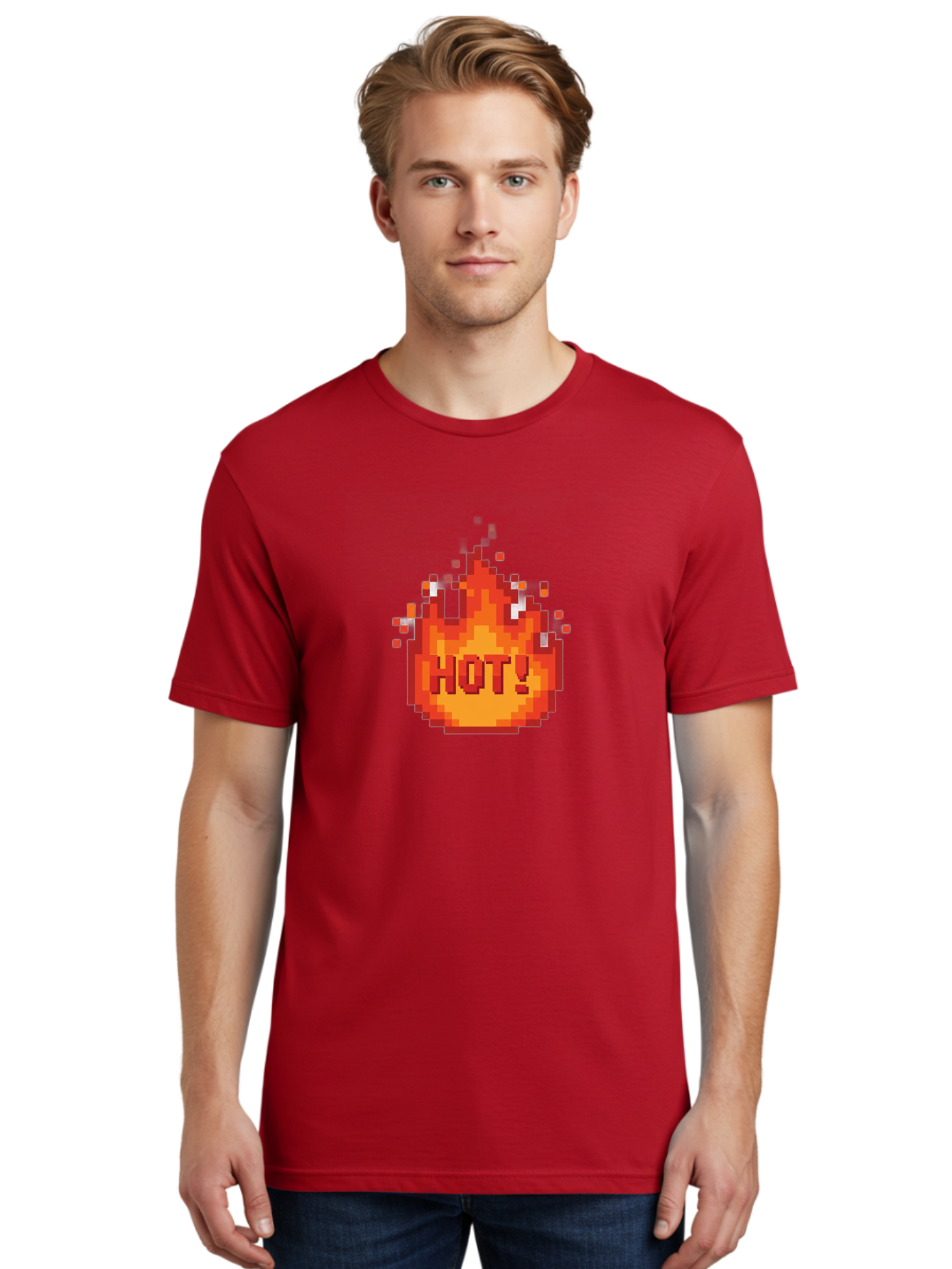 Hot-1 Men'S Graphic Tee, 100% Cotton, Comfortable Casual Summer Wear, Machine Washable, Blazing Fire, Hot Emoji, Burning Flames, Fiery Passion, Intense Heat, Vibrant Graphics, Pixel Art, Retro Style, Digital Graphics Baa797