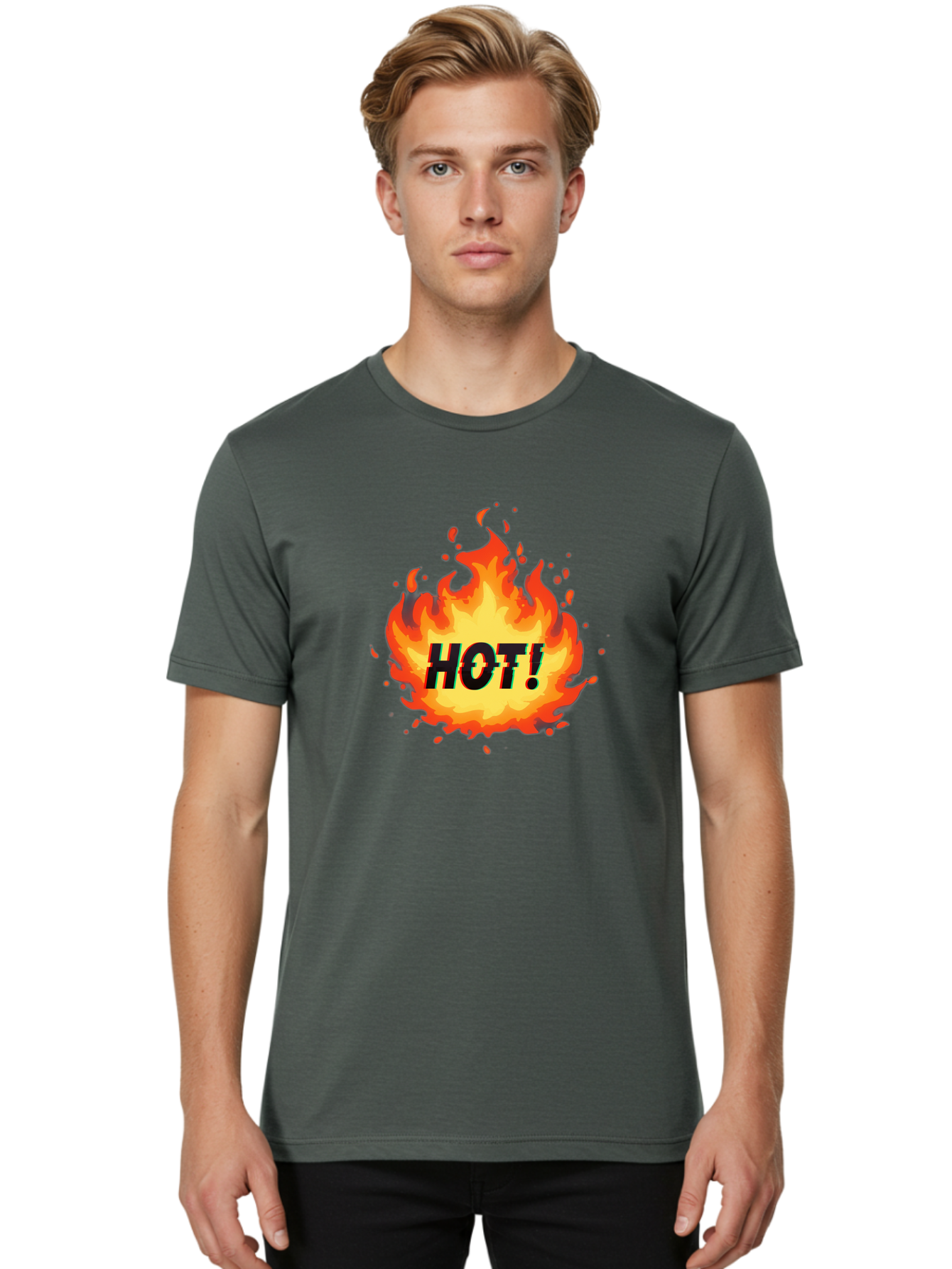 Hot-12 Men'S Graphic Tee, 100% Cotton, Comfortable Casual Summer Wear, Machine Washable, Yellow And Orange Flame, Fire Graphic, Hot Text, Bold Font, Intense Heat, Fiery Illustration, Dramatic Design, Splattered Flames Baa800