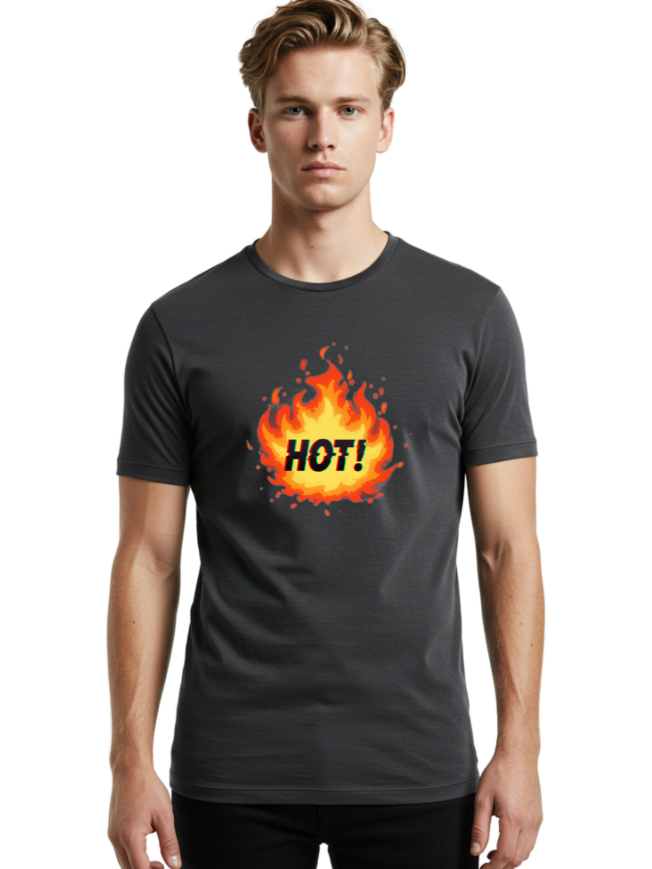 Hot-12 Men'S Graphic Tee, 100% Cotton, Comfortable Casual Summer Wear, Machine Washable, Yellow And Orange Flame, Fire Graphic, Hot Text, Bold Font, Intense Heat, Fiery Illustration, Dramatic Design, Splattered Flames Baa800
