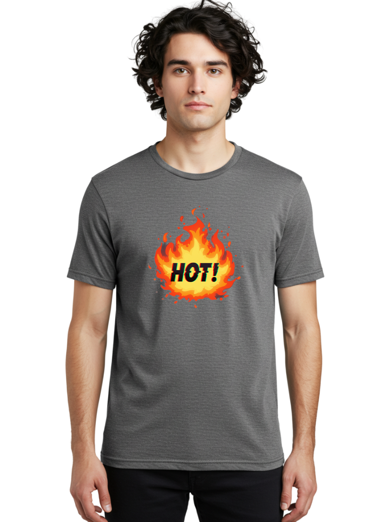 Hot-12 Men'S Graphic Tee, 100% Cotton, Comfortable Casual Summer Wear, Machine Washable, Yellow And Orange Flame, Fire Graphic, Hot Text, Bold Font, Intense Heat, Fiery Illustration, Dramatic Design, Splattered Flames Baa800