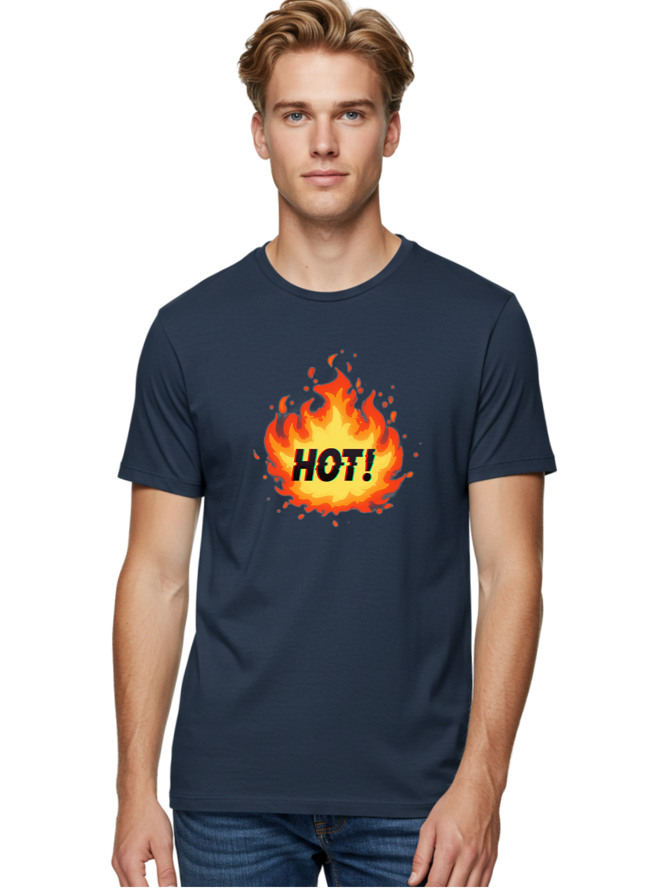 Hot-12 Men'S Graphic Tee, 100% Cotton, Comfortable Casual Summer Wear, Machine Washable, Yellow And Orange Flame, Fire Graphic, Hot Text, Bold Font, Intense Heat, Fiery Illustration, Dramatic Design, Splattered Flames Baa800