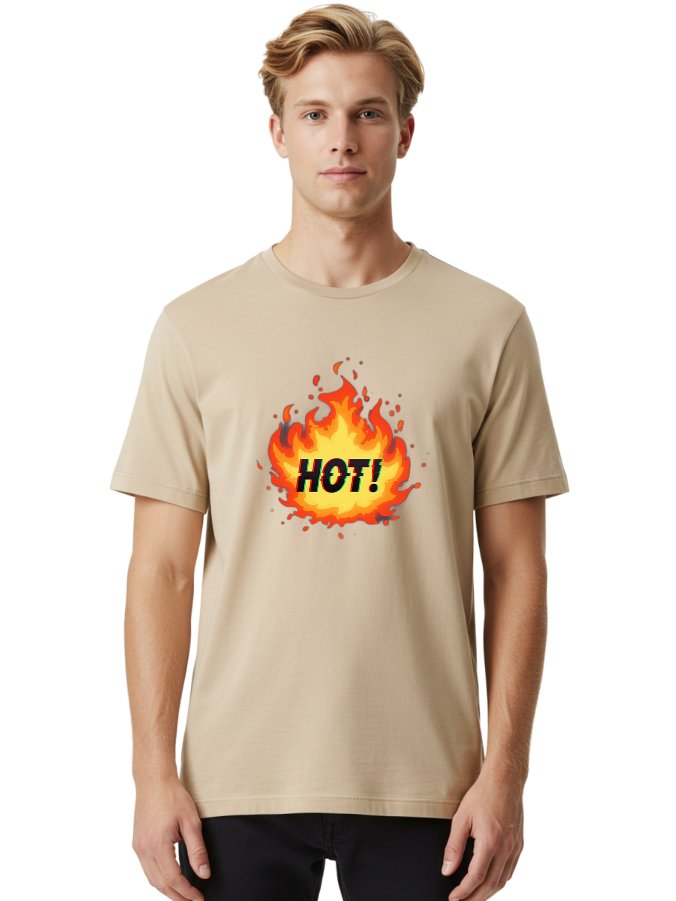 Hot-12 Men'S Graphic Tee, 100% Cotton, Comfortable Casual Summer Wear, Machine Washable, Yellow And Orange Flame, Fire Graphic, Hot Text, Bold Font, Intense Heat, Fiery Illustration, Dramatic Design, Splattered Flames Baa800
