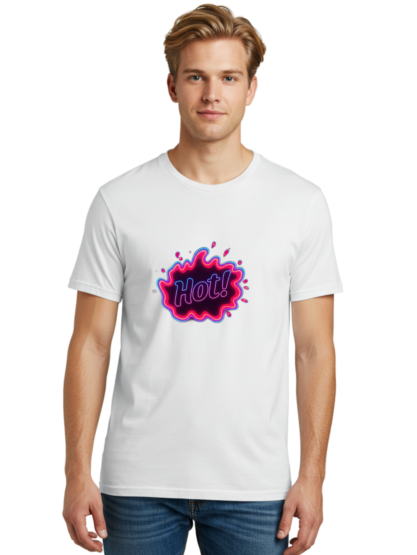 Hot-4 Men'S Graphic Tee, 100% Cotton, Comfortable Casual Summer Wear, Machine Washable, Neon Sign, Hot Sale, Comic Book Style, Pop Art, Vibrant Pink, Blue Glow, Dynamic Graphics, Attention-Grabbing Design, Trendy Visuals, Energetic Feel, Baa803