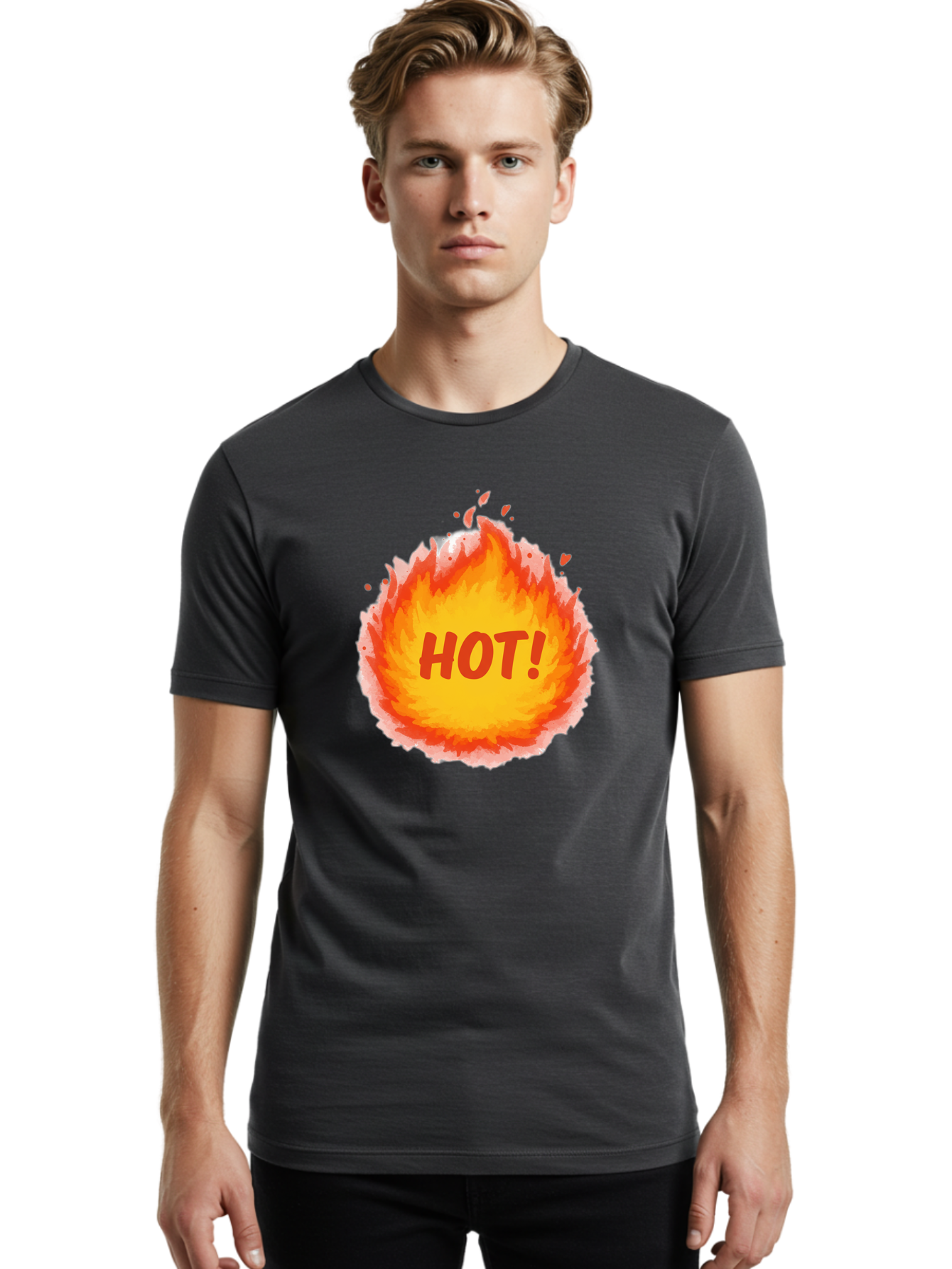 Hot-5 Men'S Graphic Tee, 100% Cotton, Comfortable Casual Summer Wear, Machine Washable, Fireball Graphic, Burning Flames, Hot Trending Topic, Fiery Passion, Intense Heat, Bold Red Letters, Vibrant Colors, Energetic Vibe, Baa804