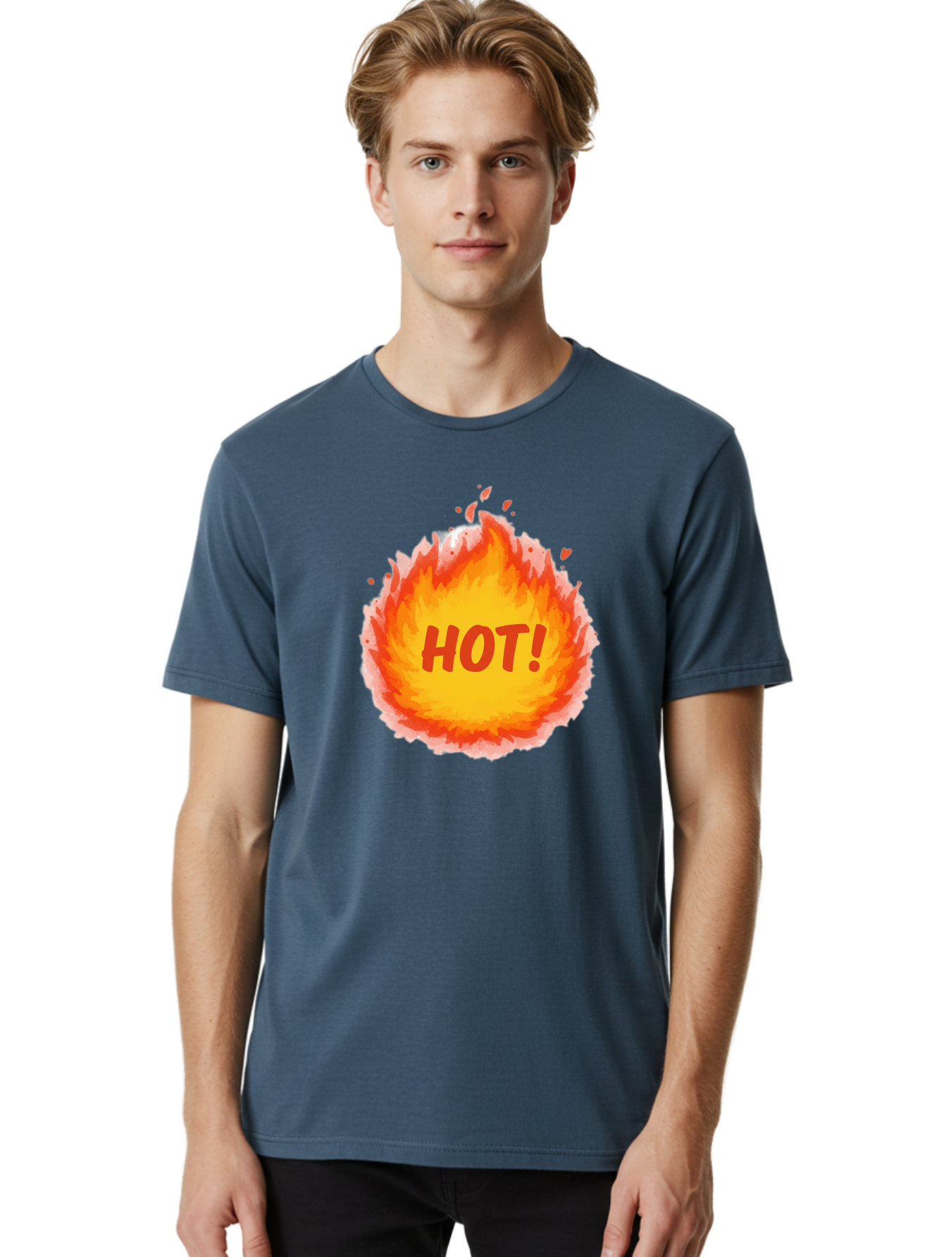 Hot-5 Men'S Graphic Tee, 100% Cotton, Comfortable Casual Summer Wear, Machine Washable, Fireball Graphic, Burning Flames, Hot Trending Topic, Fiery Passion, Intense Heat, Bold Red Letters, Vibrant Colors, Energetic Vibe, Baa804