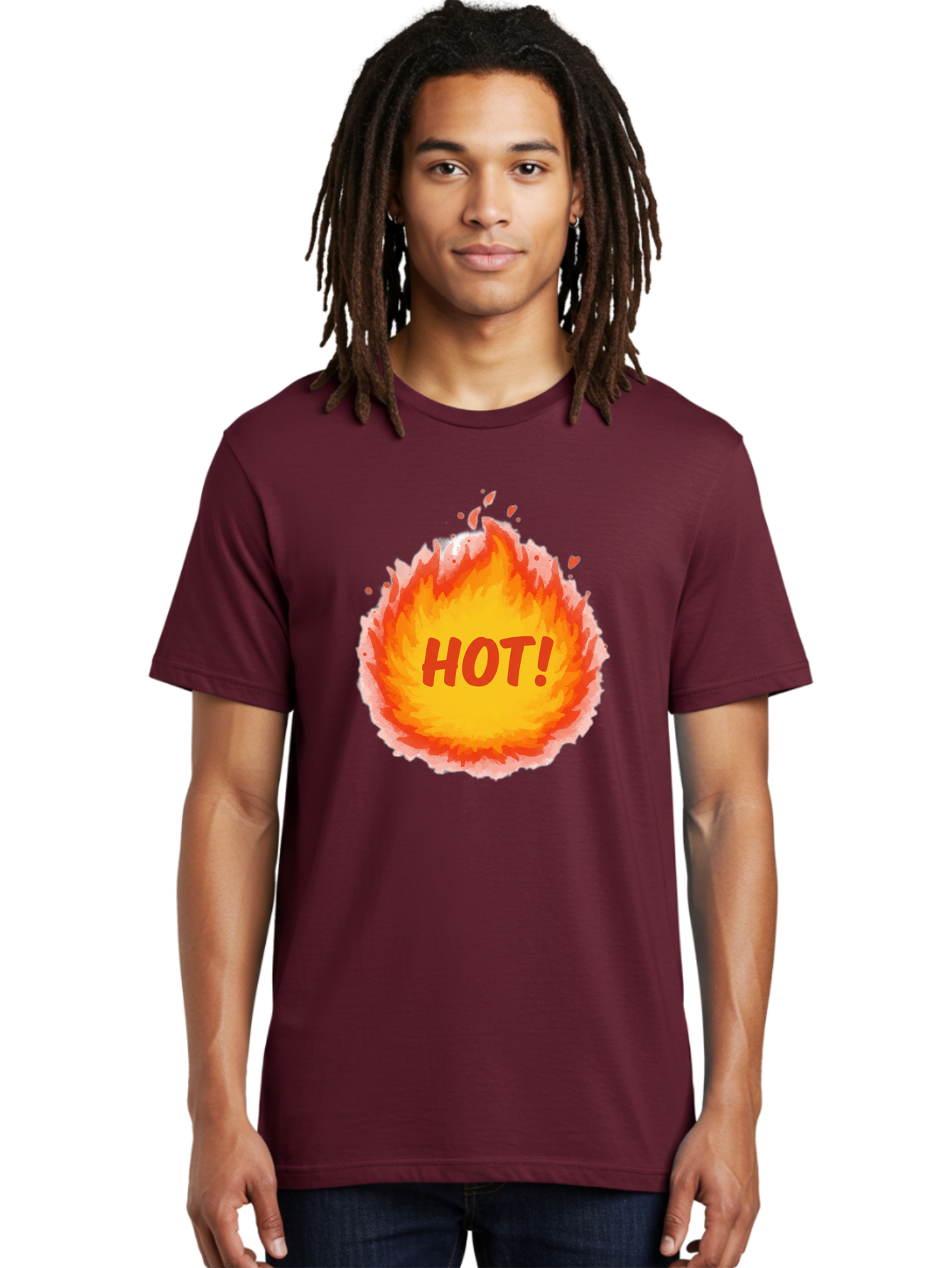 Hot-5 Men'S Graphic Tee, 100% Cotton, Comfortable Casual Summer Wear, Machine Washable, Fireball Graphic, Burning Flames, Hot Trending Topic, Fiery Passion, Intense Heat, Bold Red Letters, Vibrant Colors, Energetic Vibe, Baa804