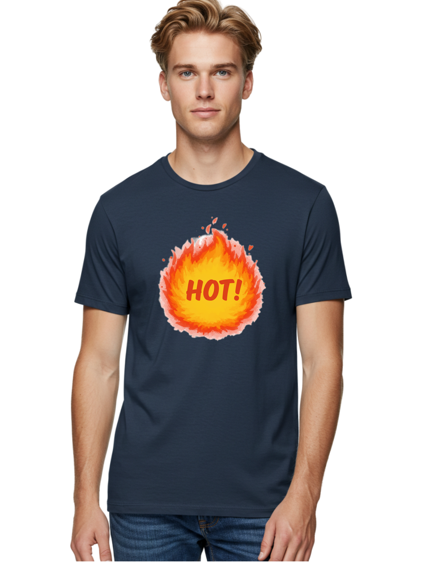 Hot-5 Men'S Graphic Tee, 100% Cotton, Comfortable Casual Summer Wear, Machine Washable, Fireball Graphic, Burning Flames, Hot Trending Topic, Fiery Passion, Intense Heat, Bold Red Letters, Vibrant Colors, Energetic Vibe, Baa804