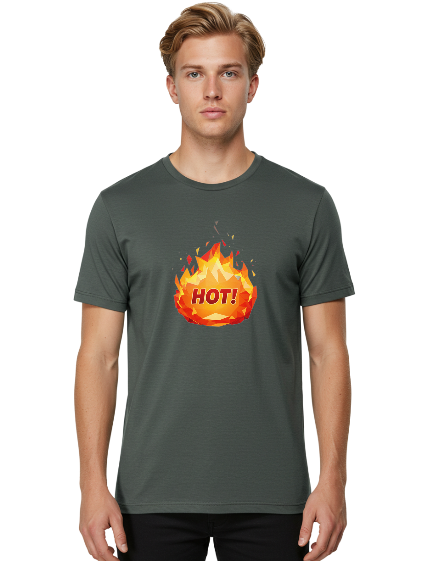 Hot-6 Men'S Graphic Tee, 100% Cotton, Comfortable Casual Summer Wear, Machine Washable, Hot Badge, Fiery Emblem, Orange Flames, Bold Text, Hot!, Burning Effect, Vibrant Graphics, Attention-Grabbing Design, Fiery Graphics, Explosive Badge Baa805