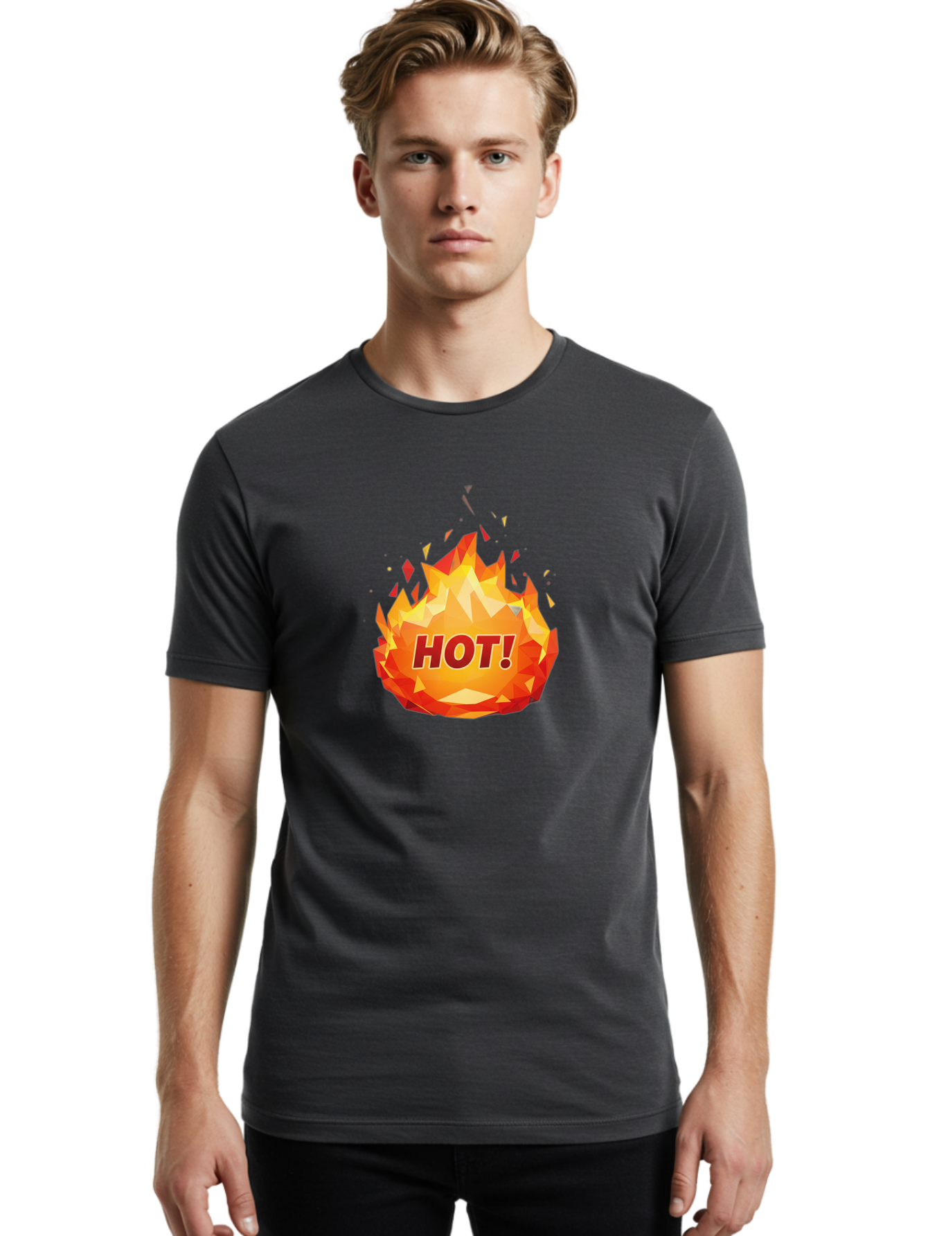 Hot-6 Men'S Graphic Tee, 100% Cotton, Comfortable Casual Summer Wear, Machine Washable, Hot Badge, Fiery Emblem, Orange Flames, Bold Text, Hot!, Burning Effect, Vibrant Graphics, Attention-Grabbing Design, Fiery Graphics, Explosive Badge Baa805