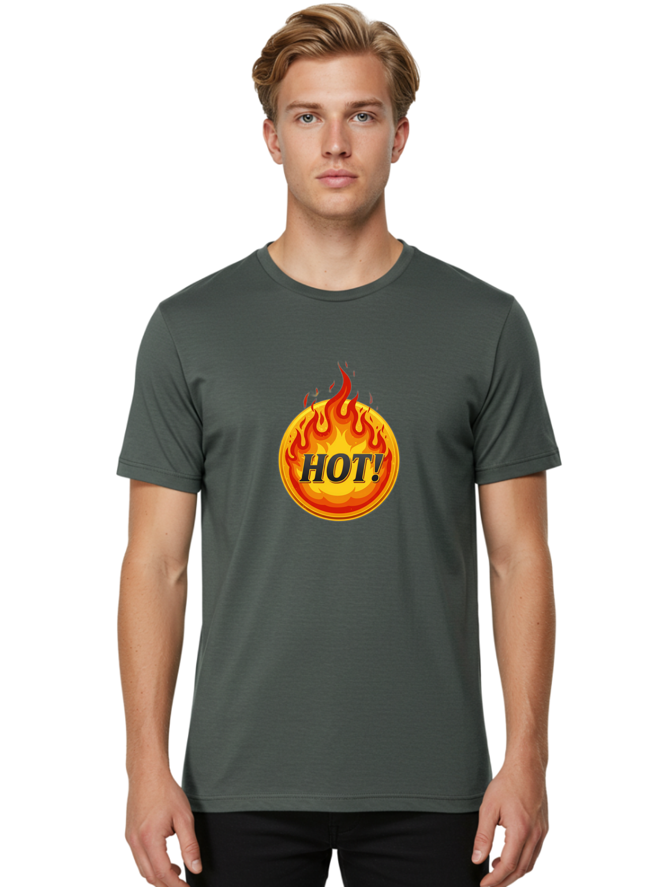 Hot-7 Men'S Graphic Tee, 100% Cotton, Comfortable Casual Summer Wear, Machine Washable, Flame Design, Fiery Graphic, Hot Item, Bold Typography, Fiery Theme, Hot! Text, Vibrant Colors, Energetic Vibe, Dynamic Illustration Baa806