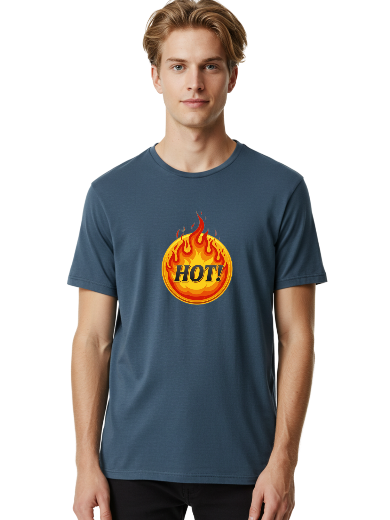 Hot-7 Men'S Graphic Tee, 100% Cotton, Comfortable Casual Summer Wear, Machine Washable, Flame Design, Fiery Graphic, Hot Item, Bold Typography, Fiery Theme, Hot! Text, Vibrant Colors, Energetic Vibe, Dynamic Illustration Baa806