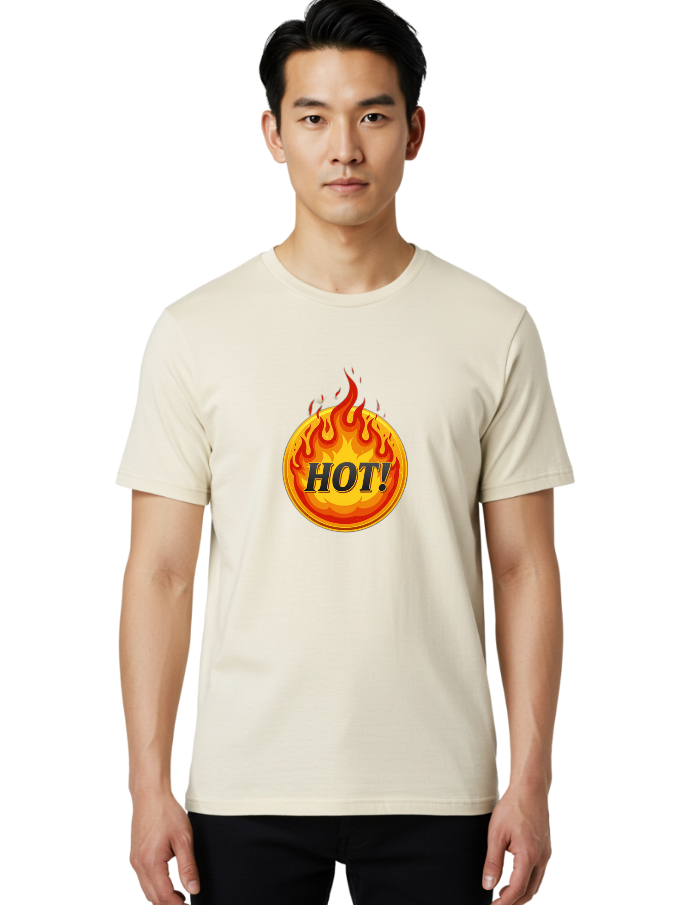 Hot-7 Men'S Graphic Tee, 100% Cotton, Comfortable Casual Summer Wear, Machine Washable, Flame Design, Fiery Graphic, Hot Item, Bold Typography, Fiery Theme, Hot! Text, Vibrant Colors, Energetic Vibe, Dynamic Illustration Baa806