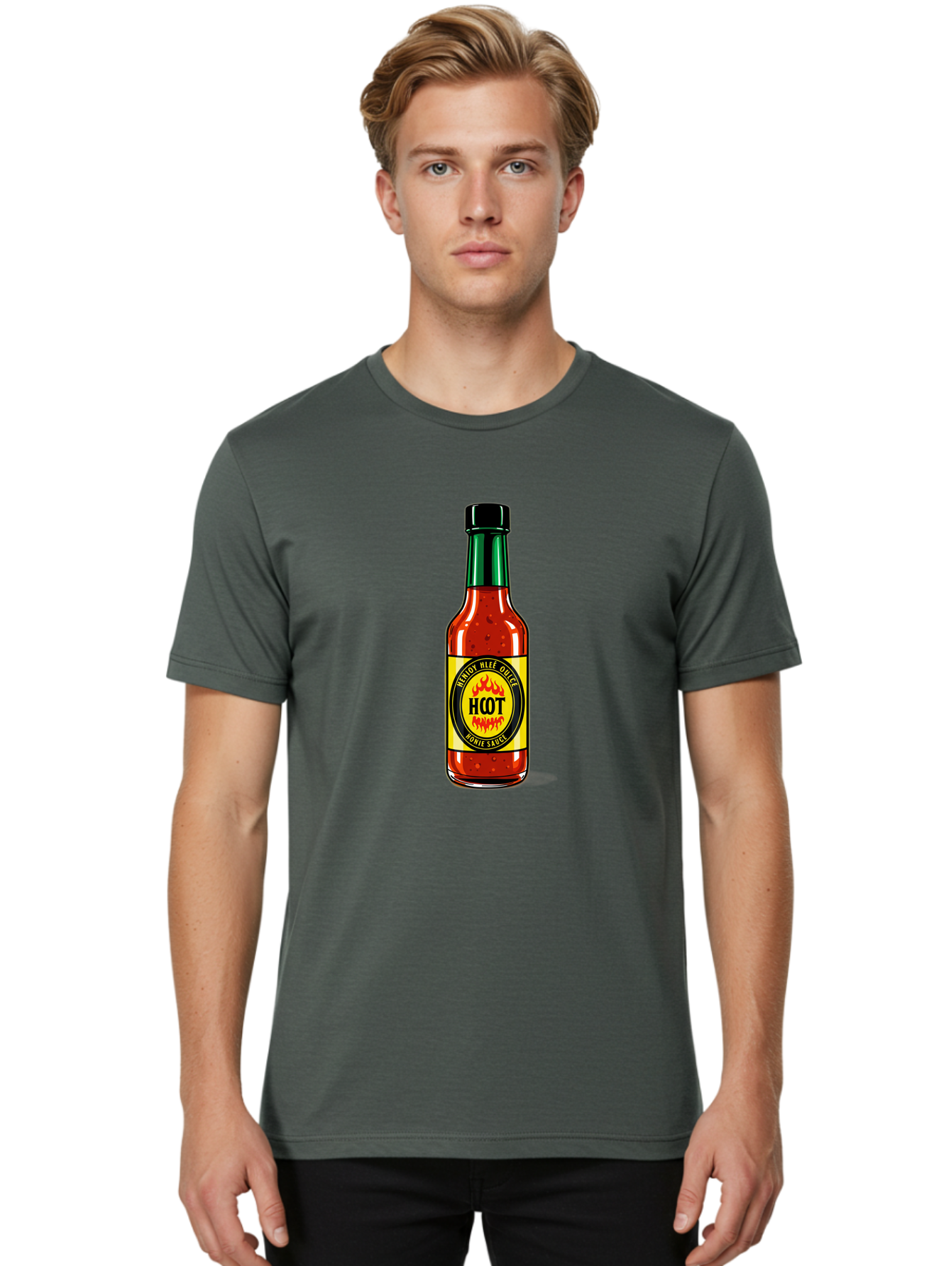 Hot-Hot-Sauce Men'S Graphic Tee, 100% Cotton, Comfortable Casual Summer Wear, Machine Washable, Hot Sauce Bottle, Spicy Condiment, Red Sauce, Black Cap, Bold Label, Brian Mee Duke, Flavorful Kick, Culinary Delight, Condiment, Hot Bomie Sauce Baa810
