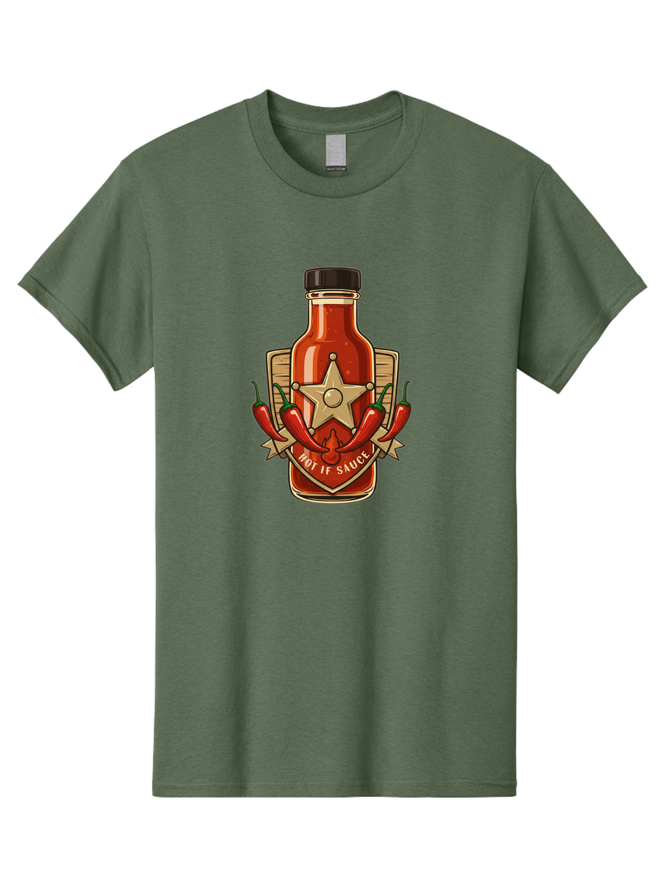 Hot-If-Sauce Men'S Graphic Tee, 100% Cotton, Comfortable Casual Summer Wear, Machine Washable, Hot Sauce Bottle, Spicy Condiment, Chili Peppers, Star Emblem, Vintage Label, Fiery Flavor, Savory Seasoning, Gourmet Cuisine Baa811