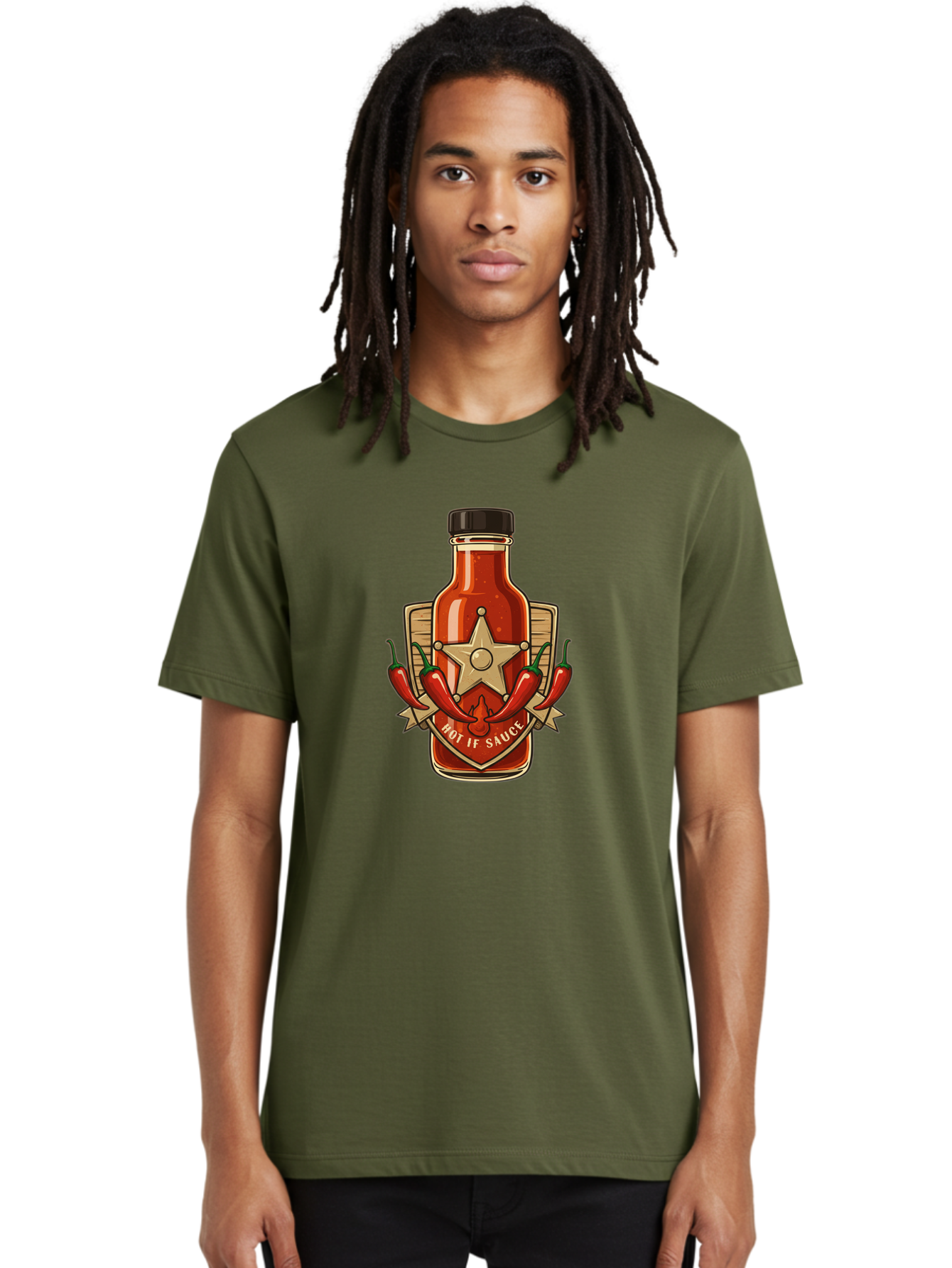 Hot-If-Sauce Men'S Graphic Tee, 100% Cotton, Comfortable Casual Summer Wear, Machine Washable, Hot Sauce Bottle, Spicy Condiment, Chili Peppers, Star Emblem, Vintage Label, Fiery Flavor, Savory Seasoning, Gourmet Cuisine Baa811