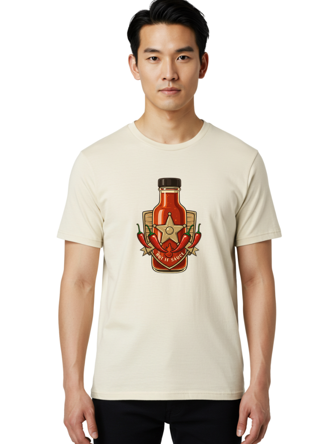 Hot-If-Sauce Men'S Graphic Tee, 100% Cotton, Comfortable Casual Summer Wear, Machine Washable, Hot Sauce Bottle, Spicy Condiment, Chili Peppers, Star Emblem, Vintage Label, Fiery Flavor, Savory Seasoning, Gourmet Cuisine Baa811