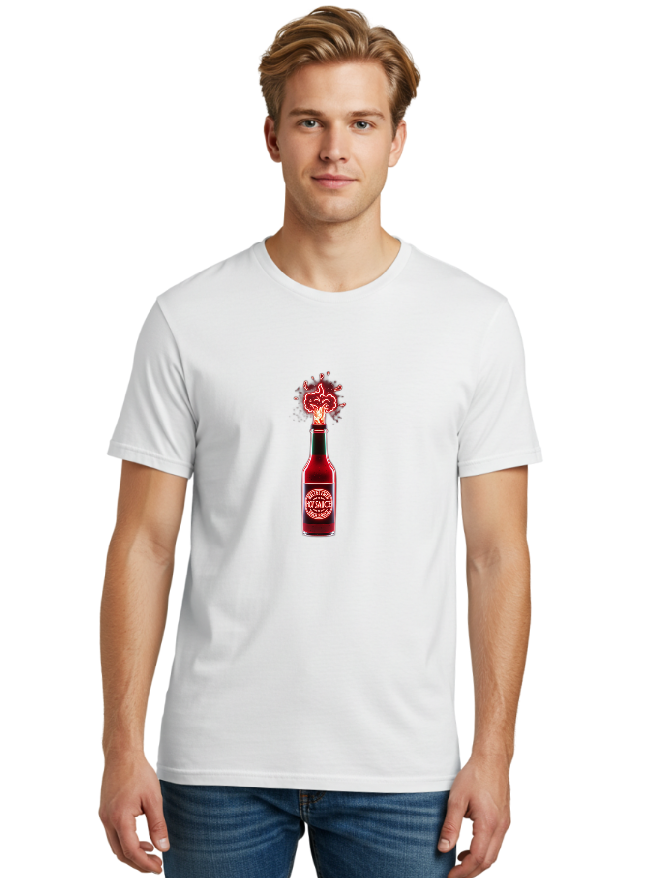 Hot-Sauce-1 Men'S Graphic Tee, 100% Cotton, Comfortable Casual Summer Wear, Machine Washable, Hot Sauce Bottle, Spicy Condiment, Fiery Explosion, Condiment Bottle, Hot Sauce Label, Spicy Food, Chili Peppers, Sauce Bottle Baa812