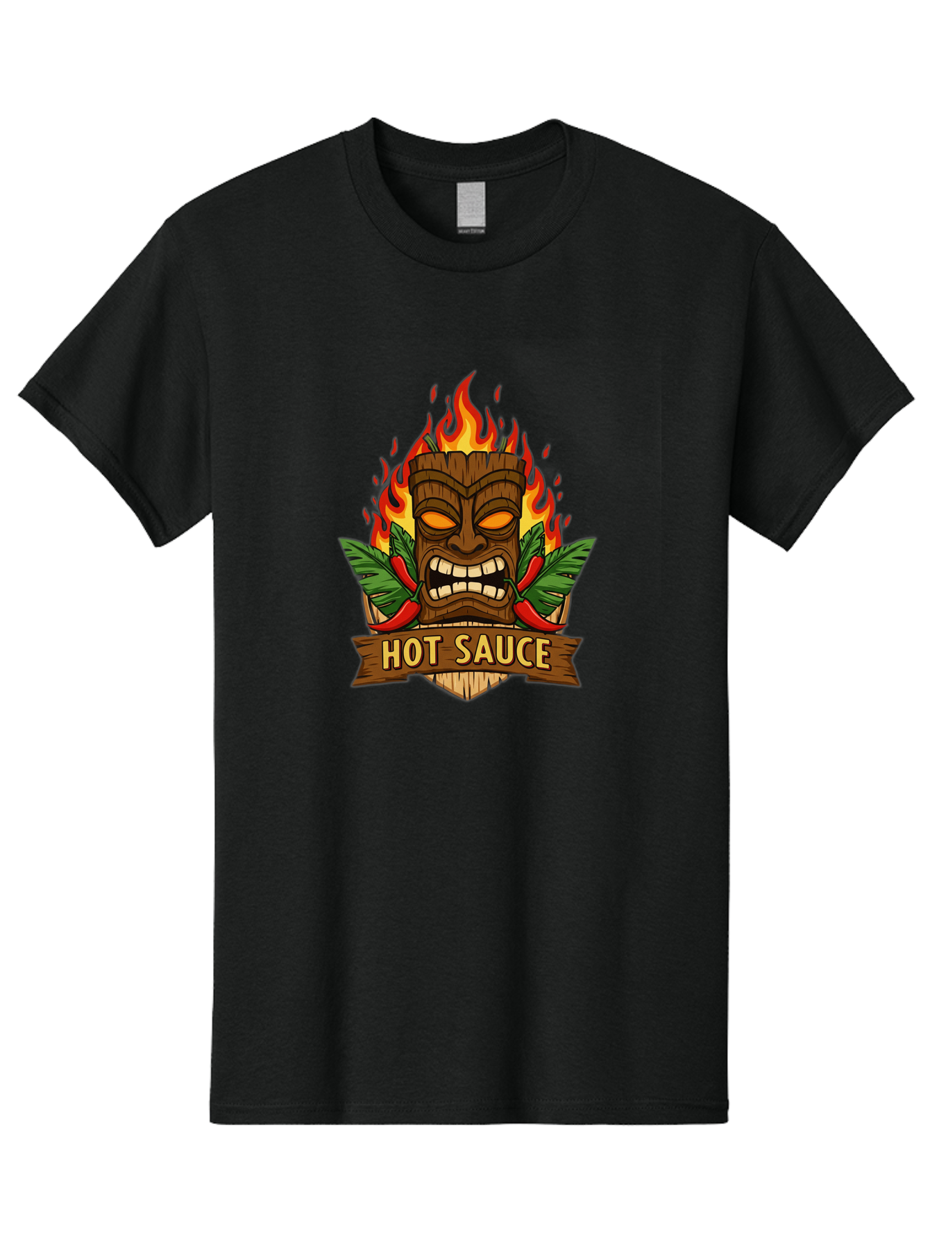 Hot-Sauce-10 Men'S Graphic Tee, 100% Cotton, Comfortable Casual Summer Wear, Machine Washable, Glowing Tiki Mask, Fiery Flames, Hot Sauce Branding, Chili Peppers, Spicy Food, Tropical Vibes, Condiment, Bbq Sauce, Food Logo Baa813