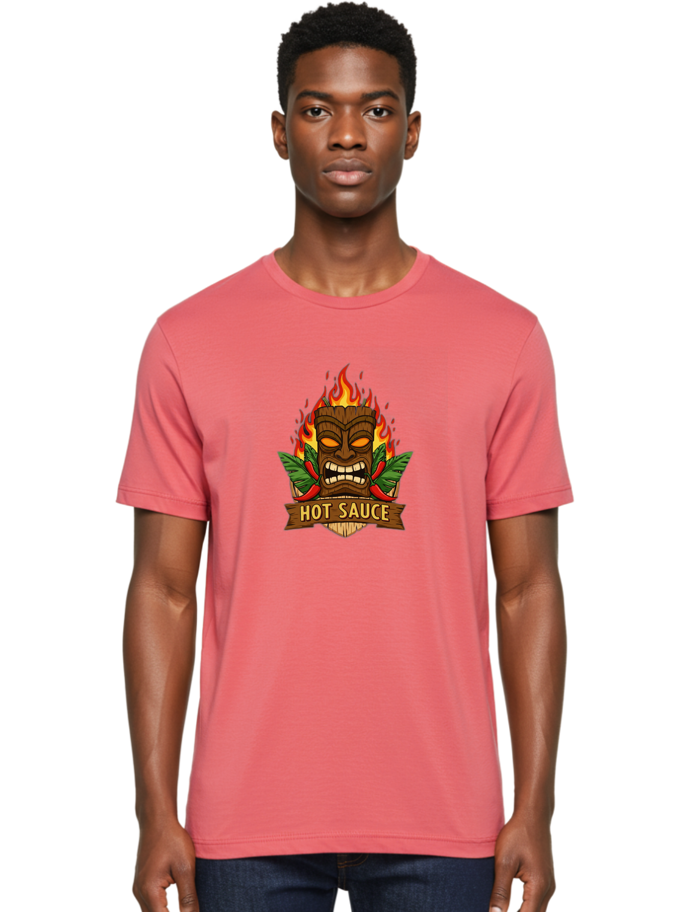 Hot-Sauce-10 Men'S Graphic Tee, 100% Cotton, Comfortable Casual Summer Wear, Machine Washable, Glowing Tiki Mask, Fiery Flames, Hot Sauce Branding, Chili Peppers, Spicy Food, Tropical Vibes, Condiment, Bbq Sauce, Food Logo Baa813