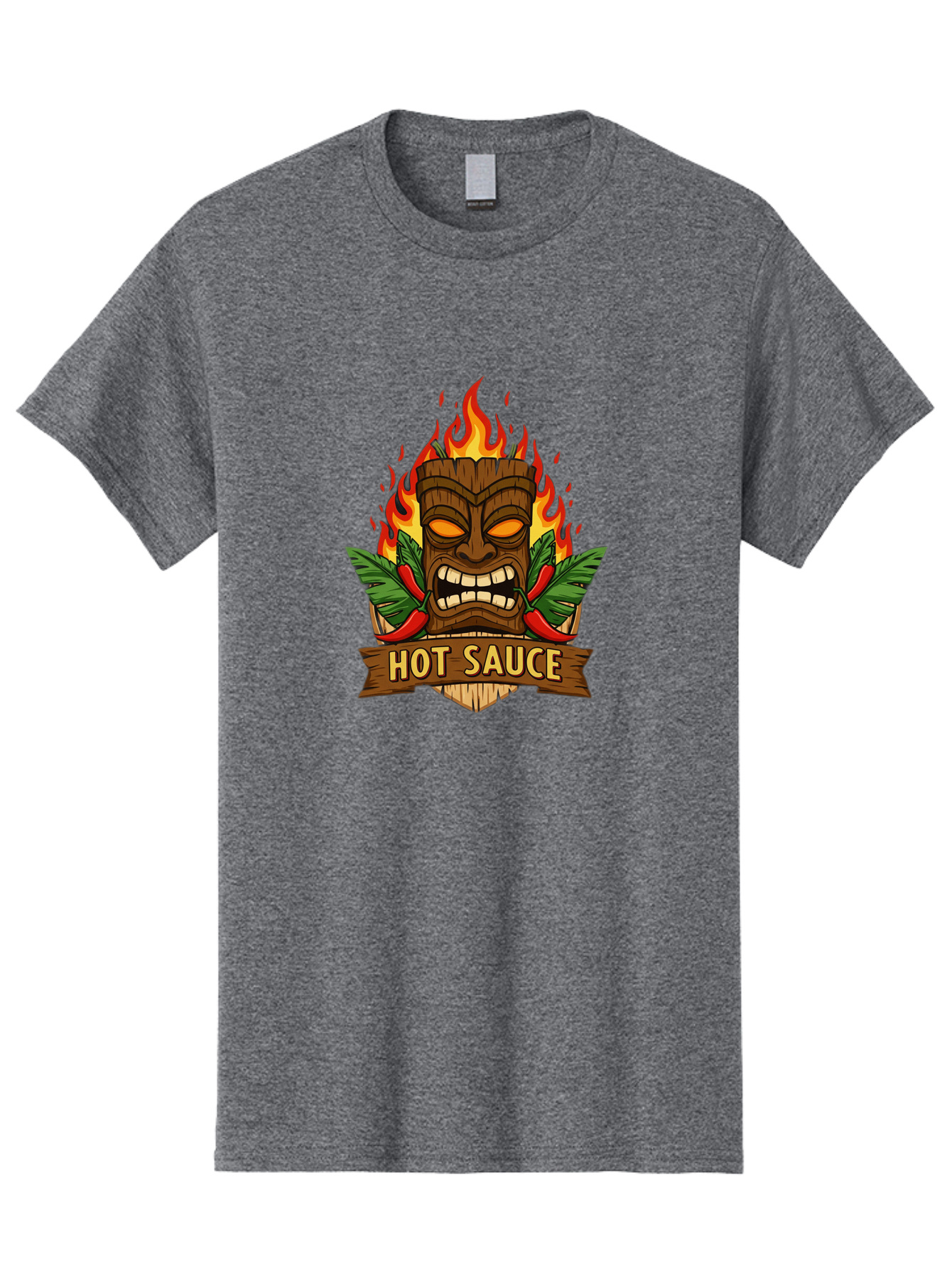 Hot-Sauce-10 Men'S Graphic Tee, 100% Cotton, Comfortable Casual Summer Wear, Machine Washable, Glowing Tiki Mask, Fiery Flames, Hot Sauce Branding, Chili Peppers, Spicy Food, Tropical Vibes, Condiment, Bbq Sauce, Food Logo Baa813