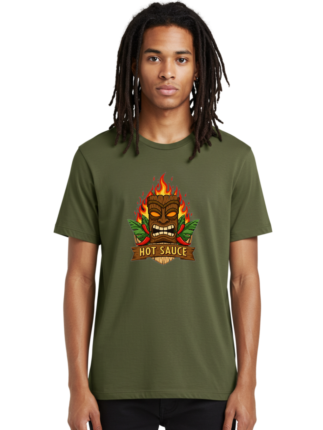 Hot-Sauce-10 Men'S Graphic Tee, 100% Cotton, Comfortable Casual Summer Wear, Machine Washable, Glowing Tiki Mask, Fiery Flames, Hot Sauce Branding, Chili Peppers, Spicy Food, Tropical Vibes, Condiment, Bbq Sauce, Food Logo Baa813