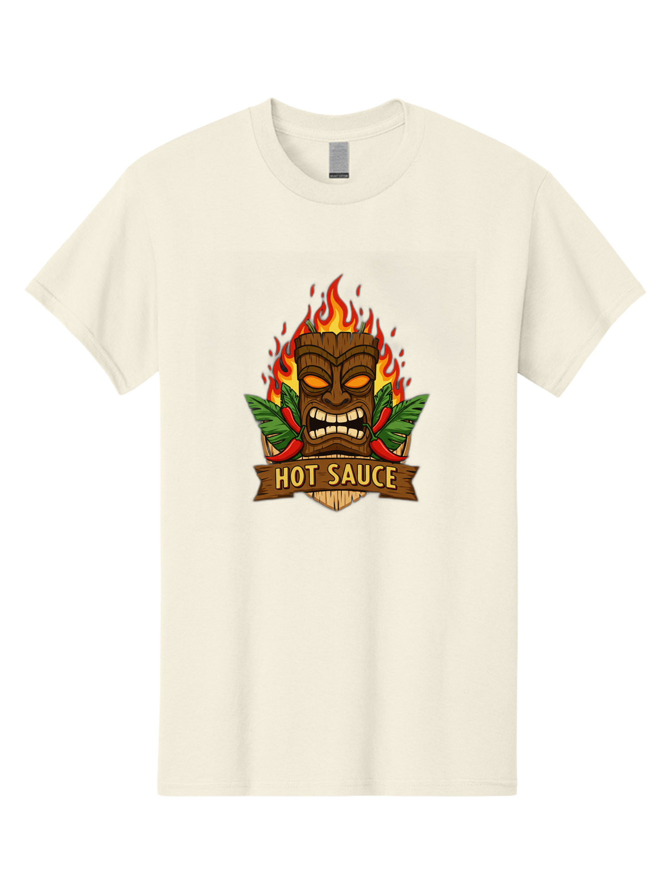 Hot-Sauce-10 Men'S Graphic Tee, 100% Cotton, Comfortable Casual Summer Wear, Machine Washable, Glowing Tiki Mask, Fiery Flames, Hot Sauce Branding, Chili Peppers, Spicy Food, Tropical Vibes, Condiment, Bbq Sauce, Food Logo Baa813