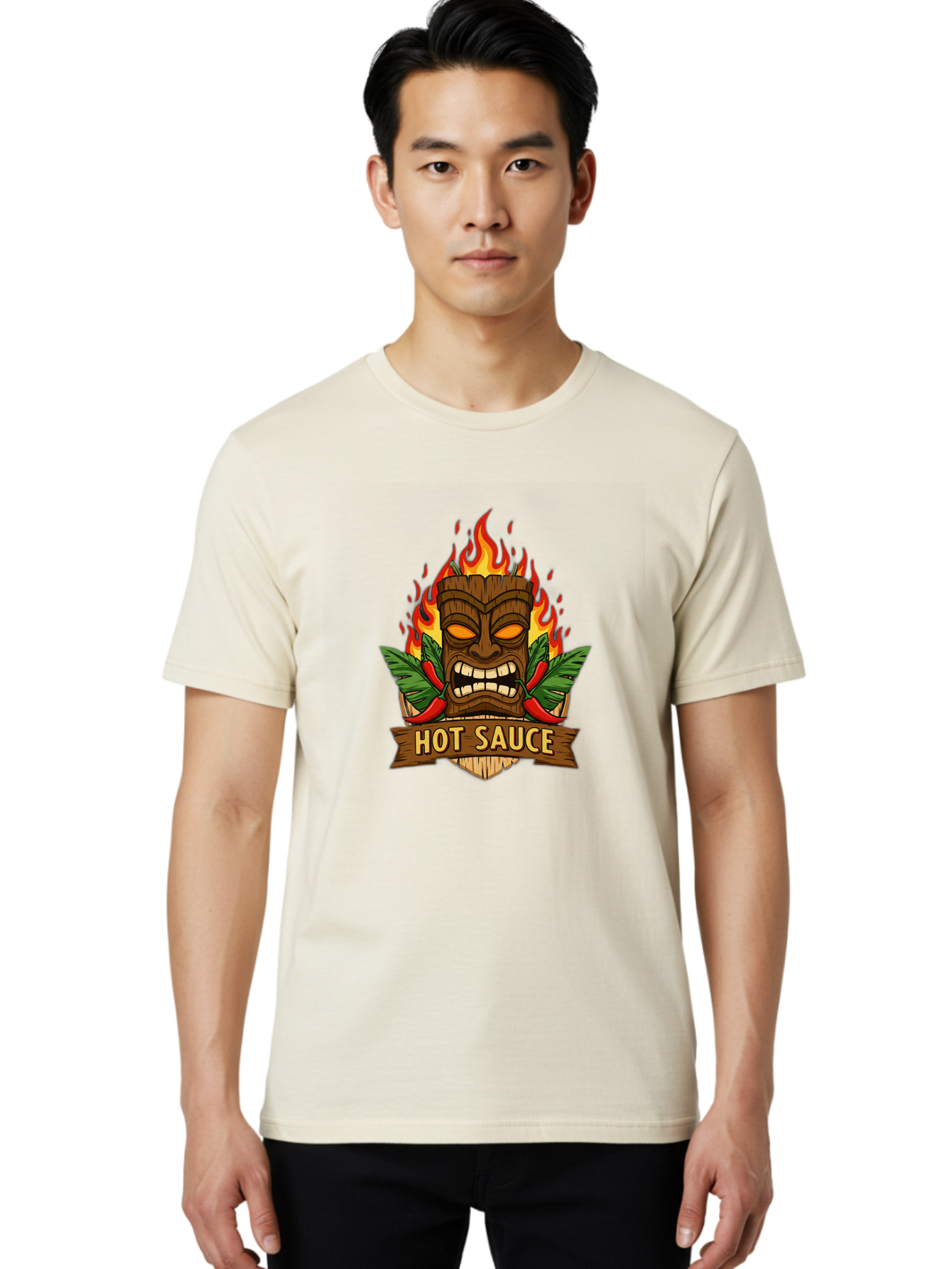 Hot-Sauce-10 Men'S Graphic Tee, 100% Cotton, Comfortable Casual Summer Wear, Machine Washable, Glowing Tiki Mask, Fiery Flames, Hot Sauce Branding, Chili Peppers, Spicy Food, Tropical Vibes, Condiment, Bbq Sauce, Food Logo Baa813