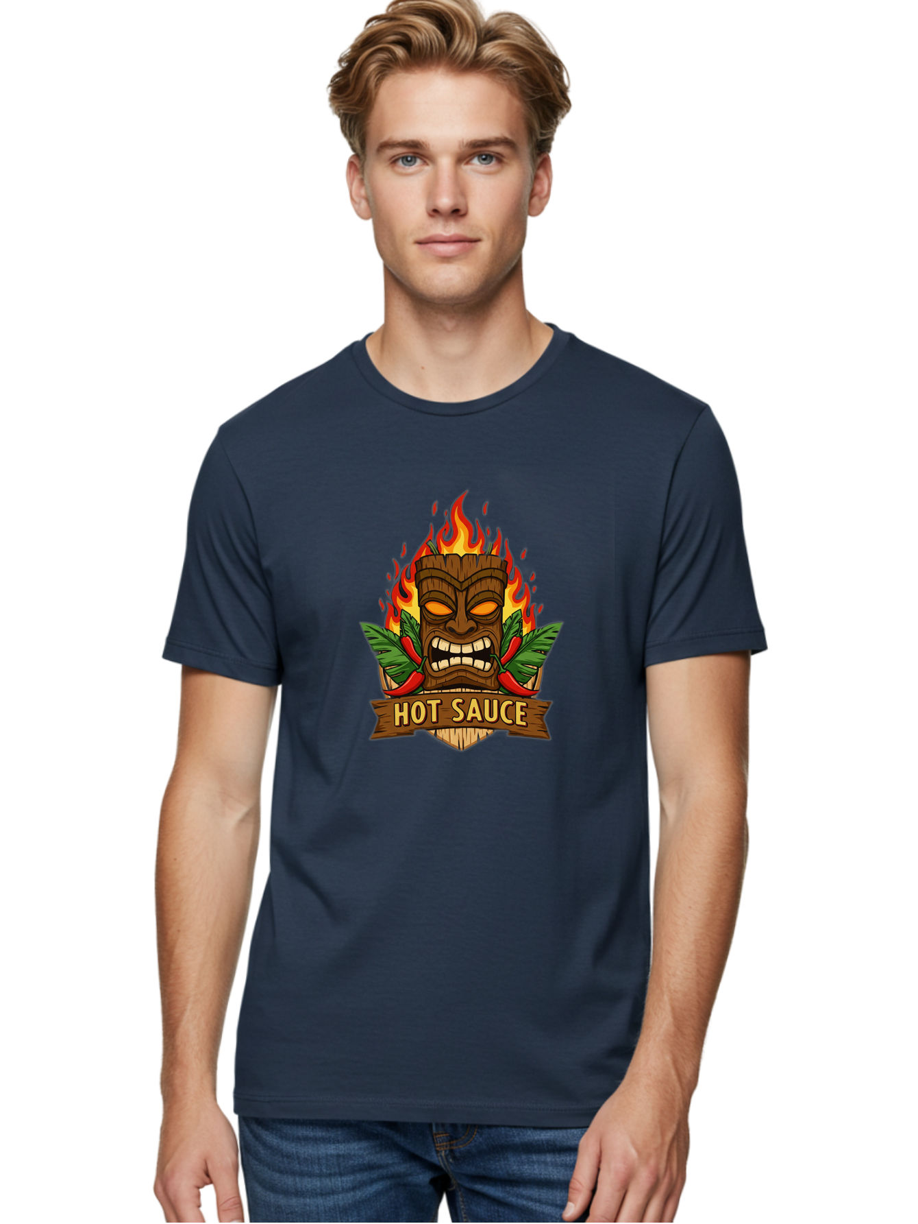 Hot-Sauce-10 Men'S Graphic Tee, 100% Cotton, Comfortable Casual Summer Wear, Machine Washable, Glowing Tiki Mask, Fiery Flames, Hot Sauce Branding, Chili Peppers, Spicy Food, Tropical Vibes, Condiment, Bbq Sauce, Food Logo Baa813