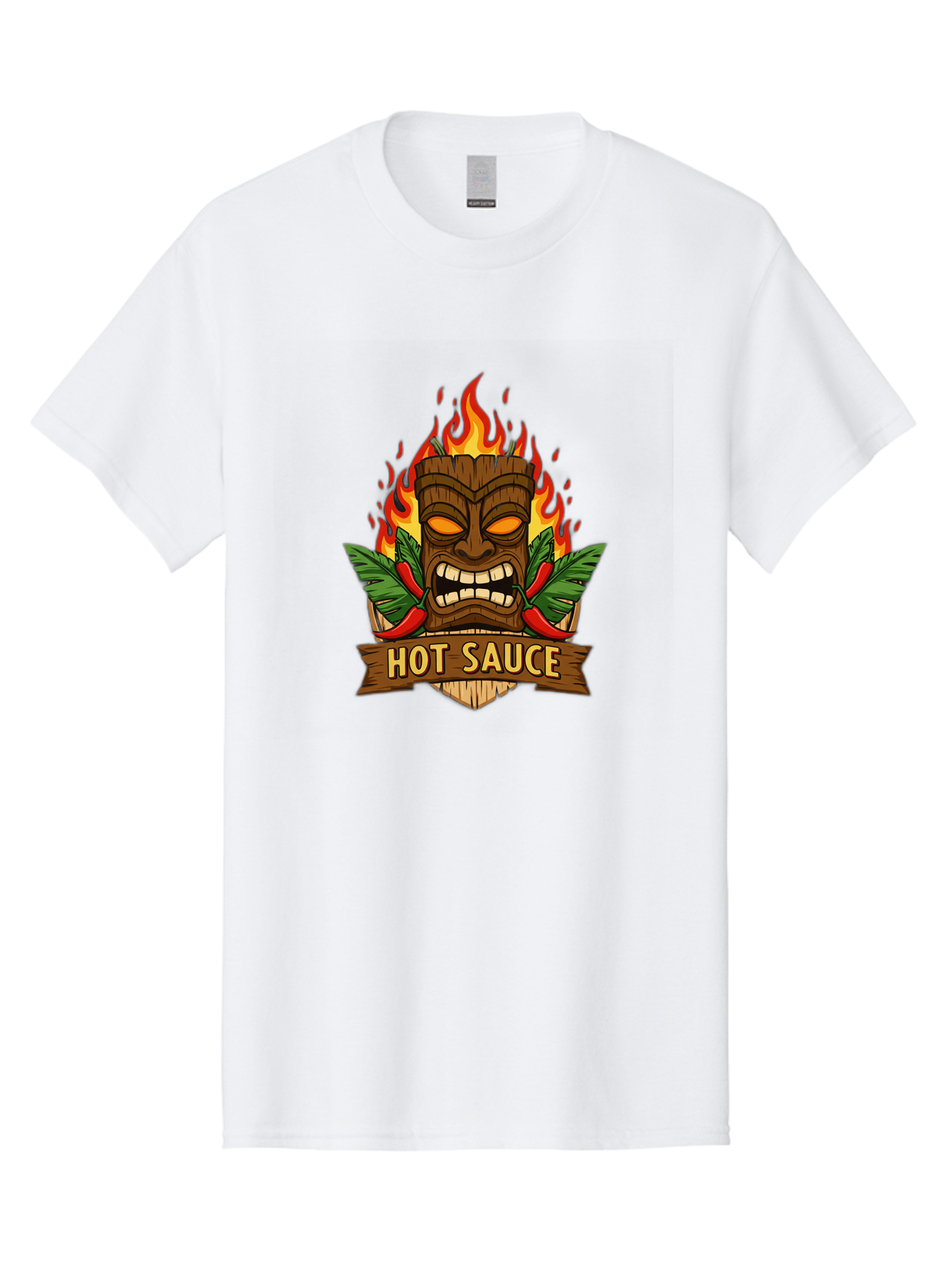 Hot-Sauce-10 Men'S Graphic Tee, 100% Cotton, Comfortable Casual Summer Wear, Machine Washable, Glowing Tiki Mask, Fiery Flames, Hot Sauce Branding, Chili Peppers, Spicy Food, Tropical Vibes, Condiment, Bbq Sauce, Food Logo Baa813