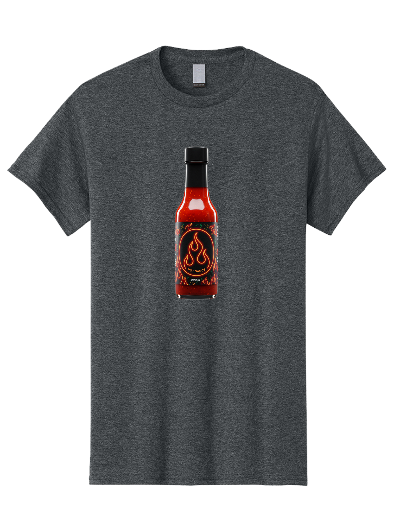 Hot-Sauce-2 Men'S Graphic Tee, 100% Cotton, Comfortable Casual Summer Wear, Machine Washable, Hot Sauce, Spicy Condiment, Chili Peppers, Red Sauce, Glass Bottle, Black Cap, Flame Design, Hot Sauce Bottle, Condiment Bottle, Spicy Food Baa814