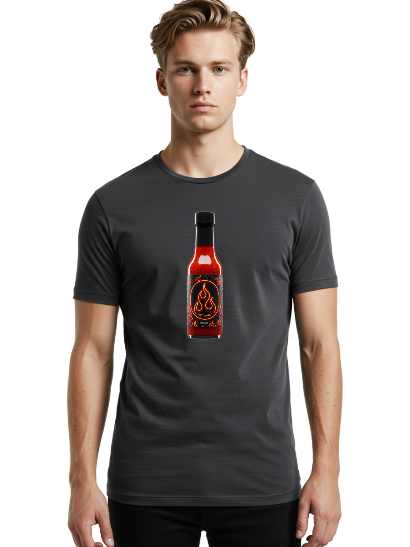 Hot-Sauce-2 Men'S Graphic Tee, 100% Cotton, Comfortable Casual Summer Wear, Machine Washable, Hot Sauce, Spicy Condiment, Chili Peppers, Red Sauce, Glass Bottle, Black Cap, Flame Design, Hot Sauce Bottle, Condiment Bottle, Spicy Food Baa814