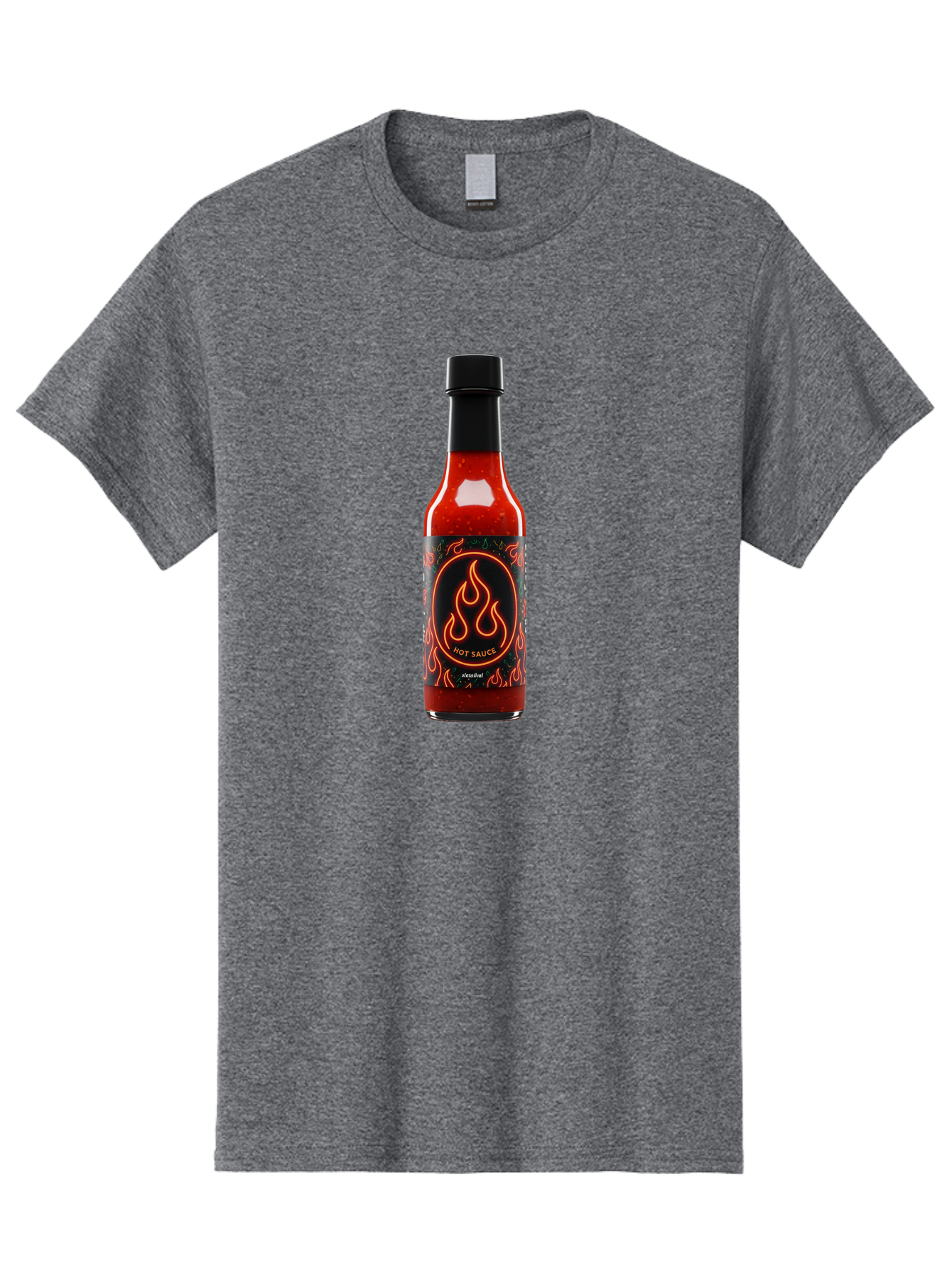 Hot-Sauce-2 Men'S Graphic Tee, 100% Cotton, Comfortable Casual Summer Wear, Machine Washable, Hot Sauce, Spicy Condiment, Chili Peppers, Red Sauce, Glass Bottle, Black Cap, Flame Design, Hot Sauce Bottle, Condiment Bottle, Spicy Food Baa814