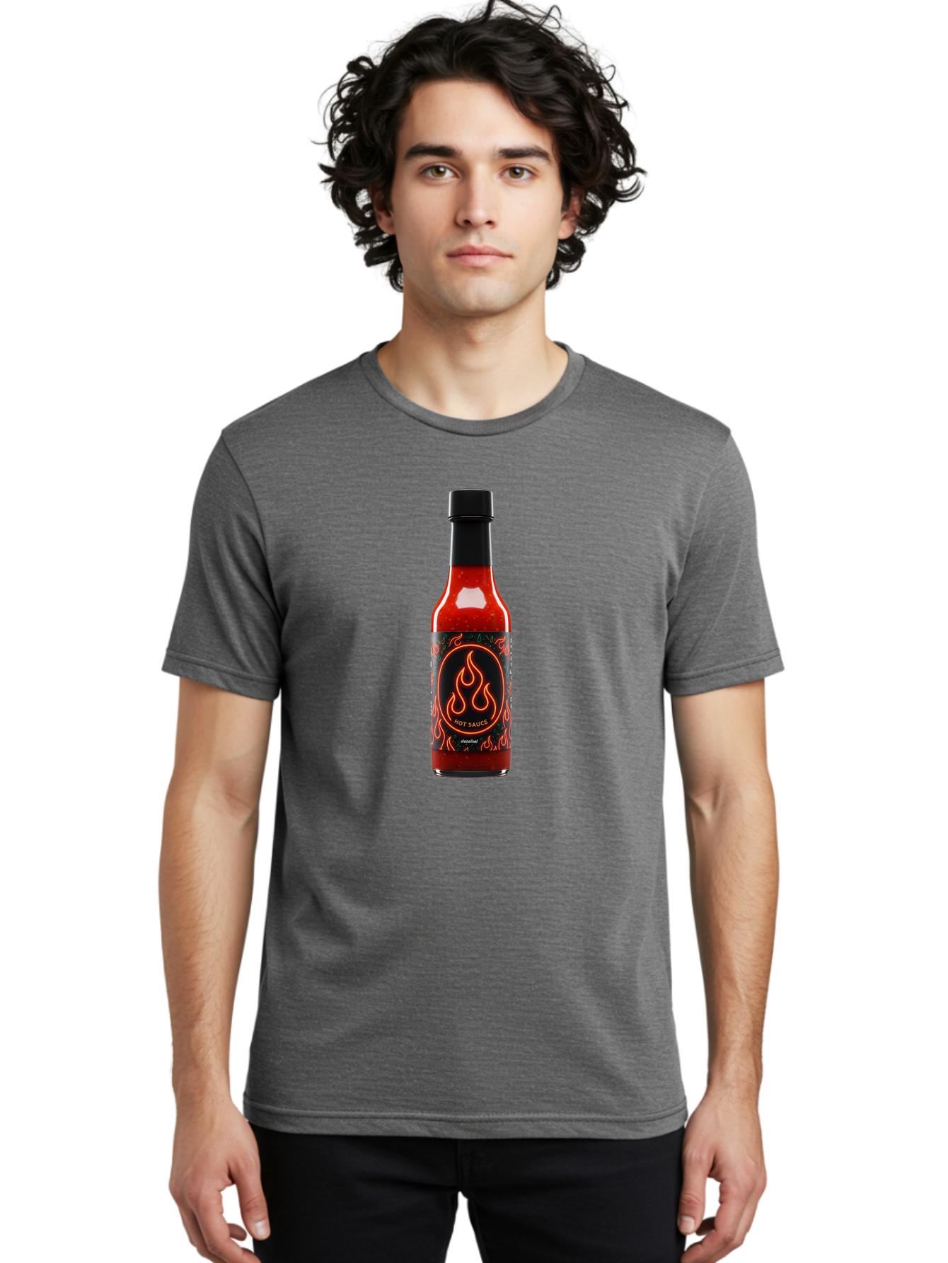 Hot-Sauce-2 Men'S Graphic Tee, 100% Cotton, Comfortable Casual Summer Wear, Machine Washable, Hot Sauce, Spicy Condiment, Chili Peppers, Red Sauce, Glass Bottle, Black Cap, Flame Design, Hot Sauce Bottle, Condiment Bottle, Spicy Food Baa814