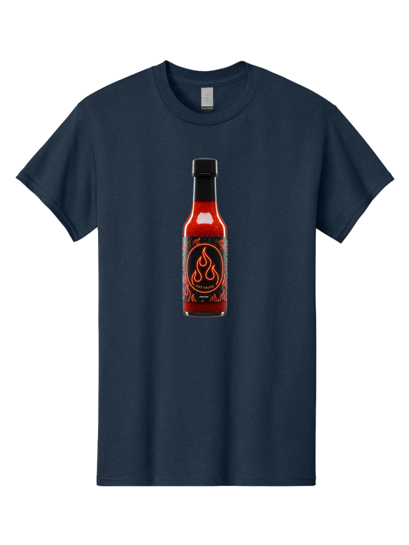 Hot-Sauce-2 Men'S Graphic Tee, 100% Cotton, Comfortable Casual Summer Wear, Machine Washable, Hot Sauce, Spicy Condiment, Chili Peppers, Red Sauce, Glass Bottle, Black Cap, Flame Design, Hot Sauce Bottle, Condiment Bottle, Spicy Food Baa814
