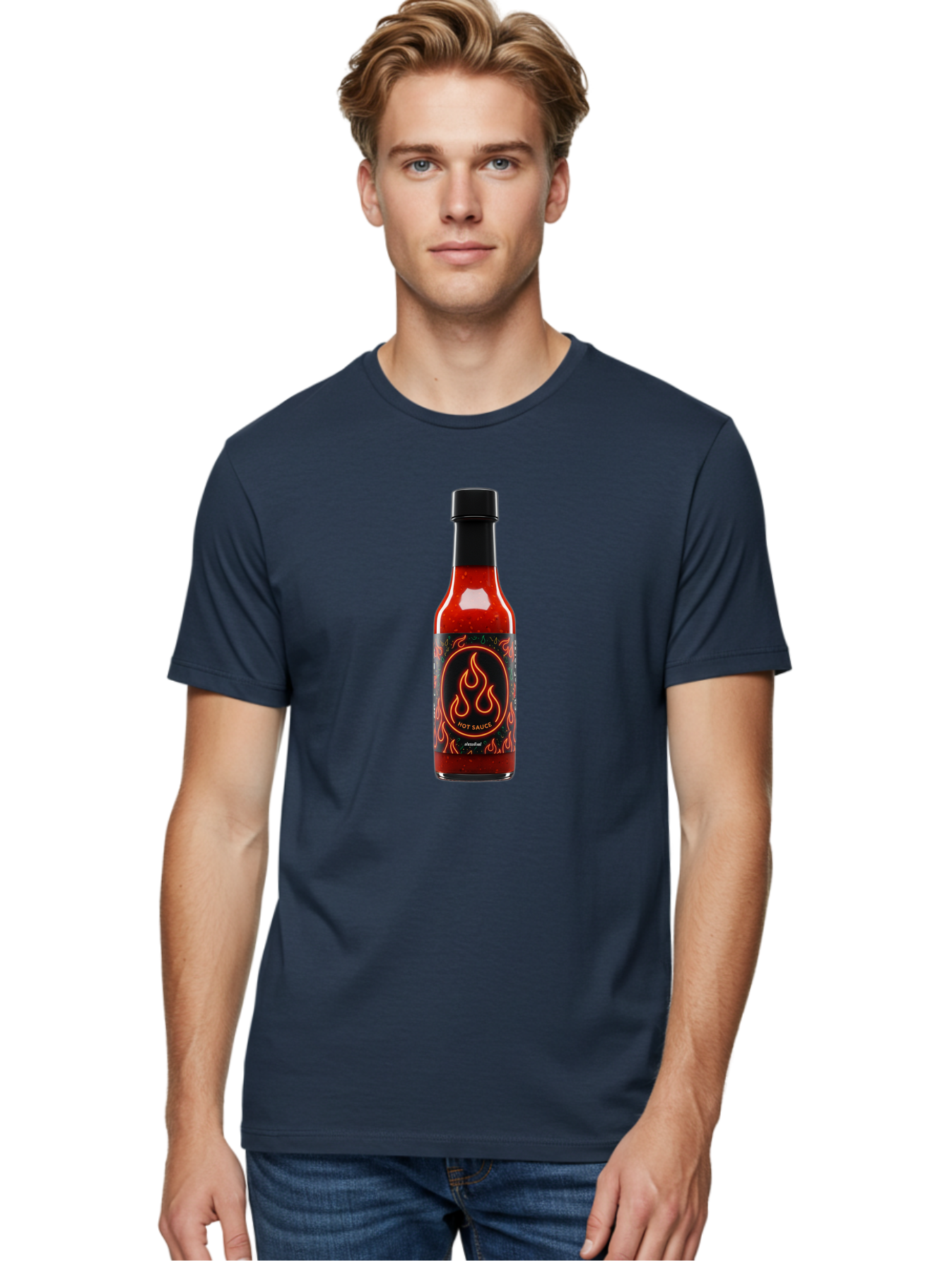 Hot-Sauce-2 Men'S Graphic Tee, 100% Cotton, Comfortable Casual Summer Wear, Machine Washable, Hot Sauce, Spicy Condiment, Chili Peppers, Red Sauce, Glass Bottle, Black Cap, Flame Design, Hot Sauce Bottle, Condiment Bottle, Spicy Food Baa814