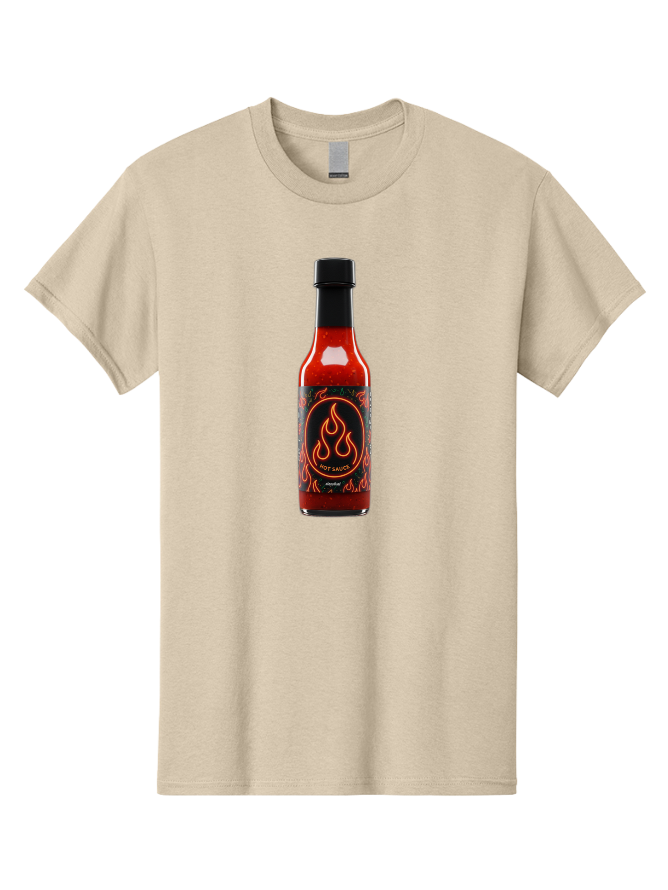 Hot-Sauce-2 Men'S Graphic Tee, 100% Cotton, Comfortable Casual Summer Wear, Machine Washable, Hot Sauce, Spicy Condiment, Chili Peppers, Red Sauce, Glass Bottle, Black Cap, Flame Design, Hot Sauce Bottle, Condiment Bottle, Spicy Food Baa814