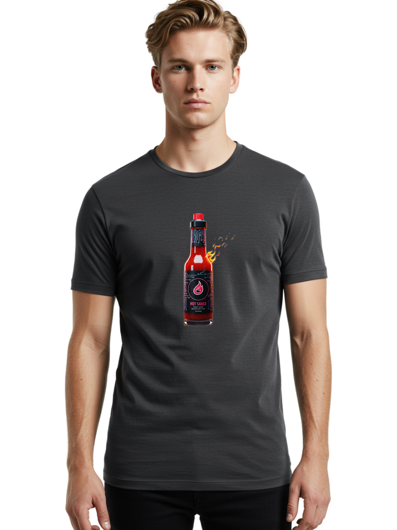 Hot-Sauce-5 Men'S Graphic Tee, 100% Cotton, Comfortable Casual Summer Wear, Machine Washable, Hot Sauce Bottle, Spicy Condiment, Chili Pepper Sauce, Fiery Flavor, Red Sauce, Black Label, Circuit Design, Flames Baa817