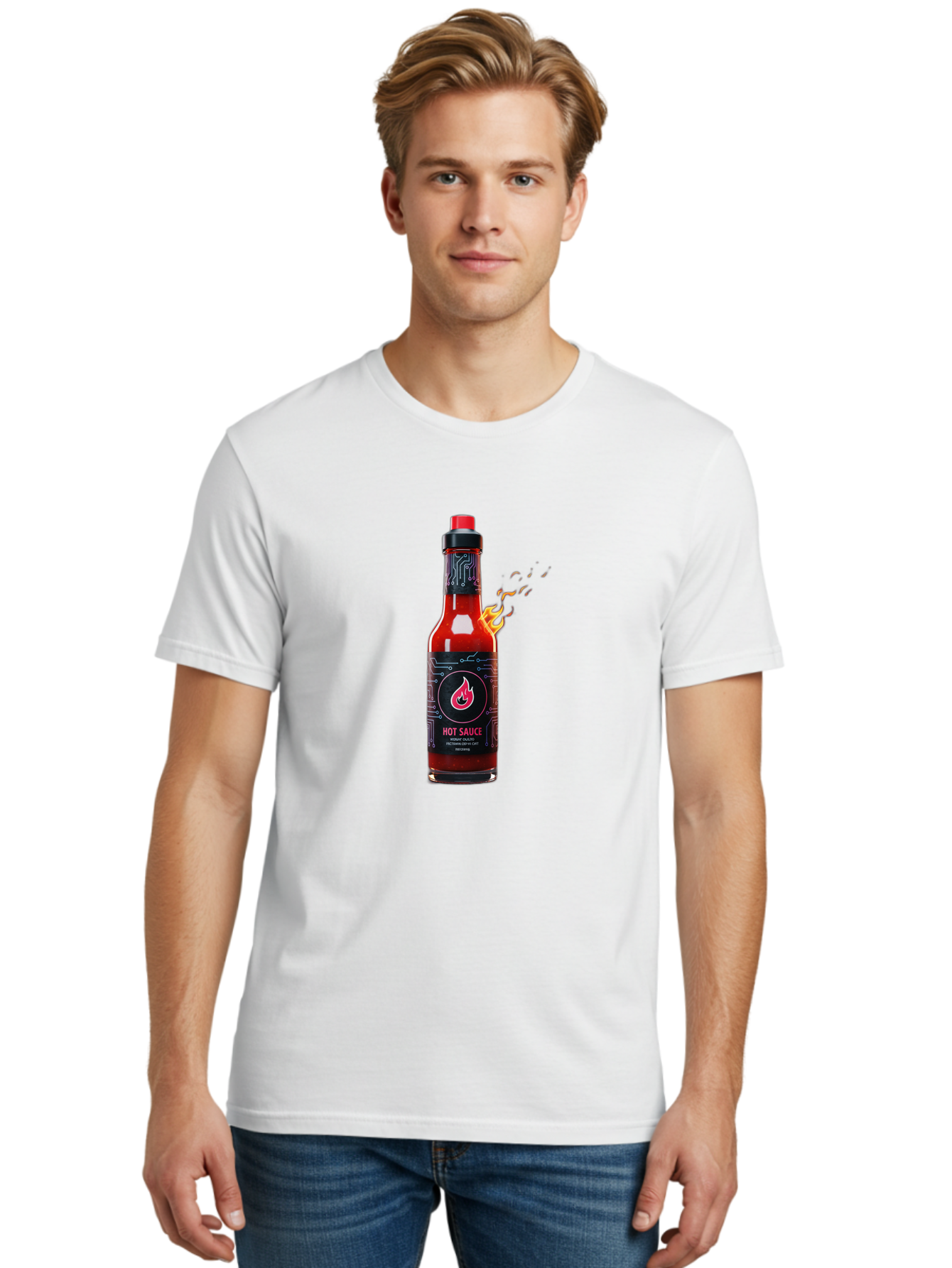 Hot-Sauce-5 Men'S Graphic Tee, 100% Cotton, Comfortable Casual Summer Wear, Machine Washable, Hot Sauce Bottle, Spicy Condiment, Chili Pepper Sauce, Fiery Flavor, Red Sauce, Black Label, Circuit Design, Flames Baa817