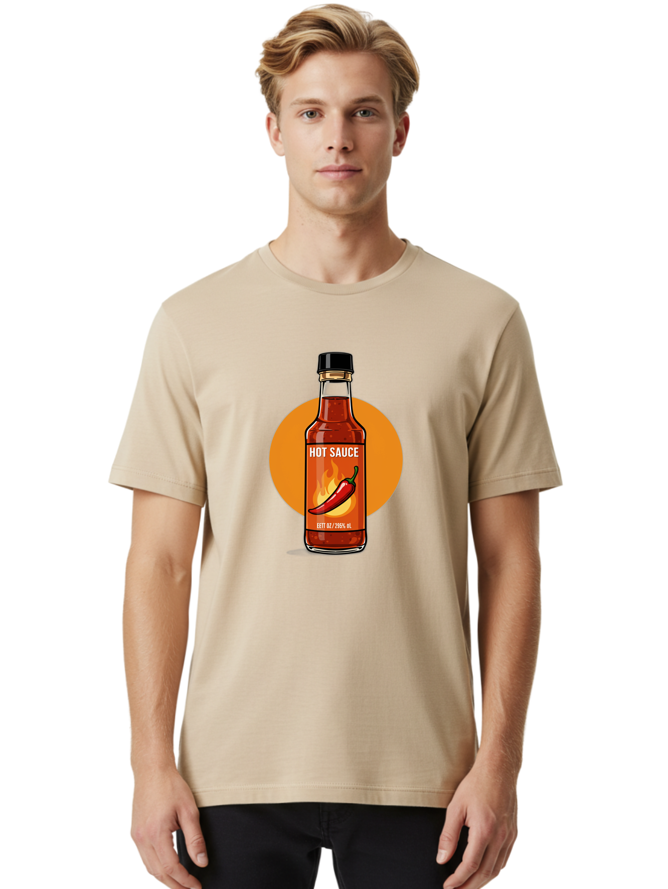 Hot-Sauce-6 Men'S Graphic Tee, 100% Cotton, Comfortable Casual Summer Wear, Machine Washable, Hot Sauce Bottle, Spicy Condiment, Chili Pepper, Fiery Flavor, Condiment Bottle, Hot Sauce Label, Chili Pepper Illustration, Spicy Food, Baa818