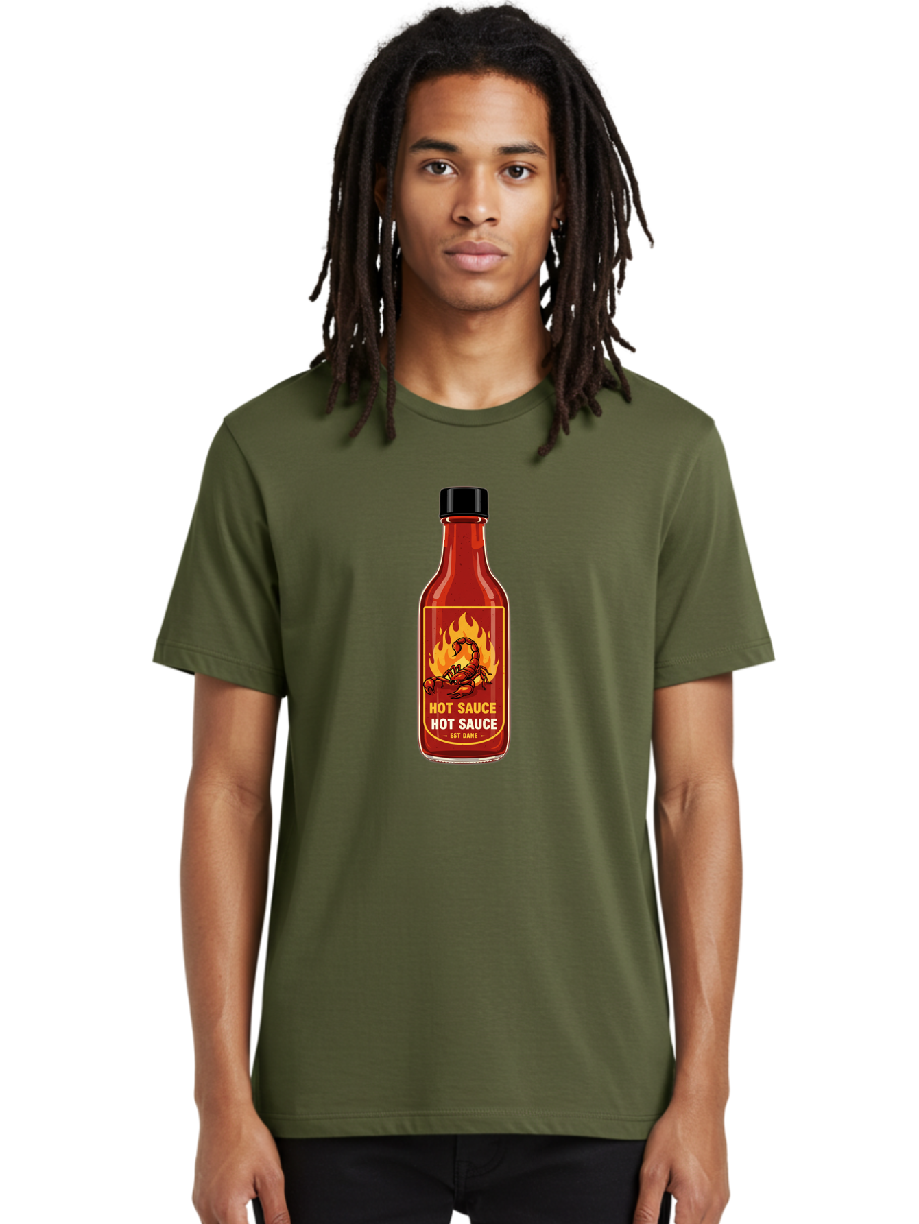 Hot-Sauce-7 Men'S Graphic Tee, 100% Cotton, Comfortable Casual Summer Wear, Machine Washable, Hot Sauce Bottle, Spicy Condiment, Fiery Flavor, Chili Peppers, Hot Sauce Label, Condiment Bottle, Spicy Food, Est Dakk Baa819