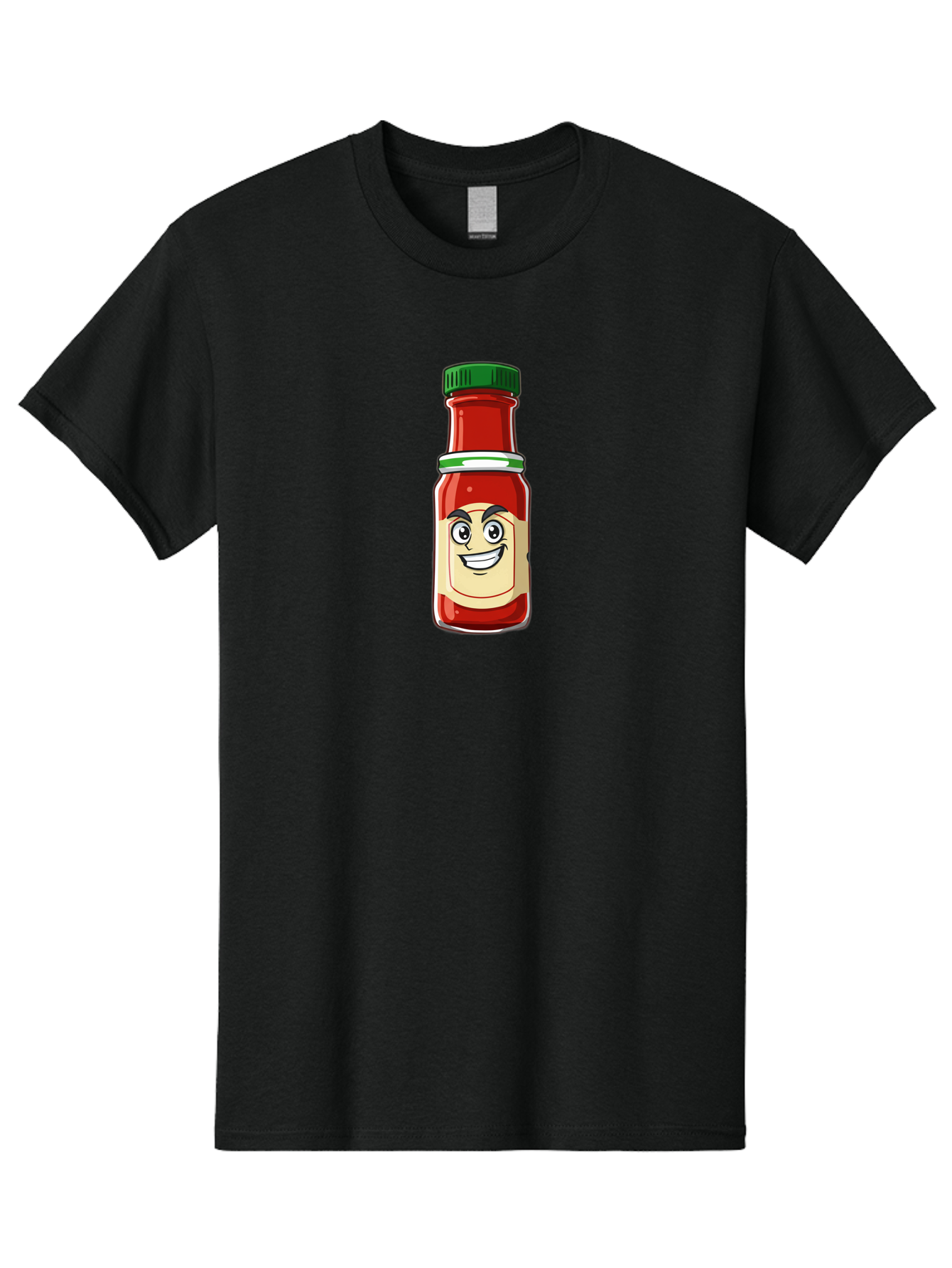 Hot-Sauce-Bottle-1 Men'S Graphic Tee, 100% Cotton, Comfortable Casual Summer Wear, Machine Washable, Cartoon Hot Sauce, Smiling Face, Red Sauce, Green Cap, Condiment Bottle, Humorous Illustration, Ketchup Alternative, Spicy Food, Baa822