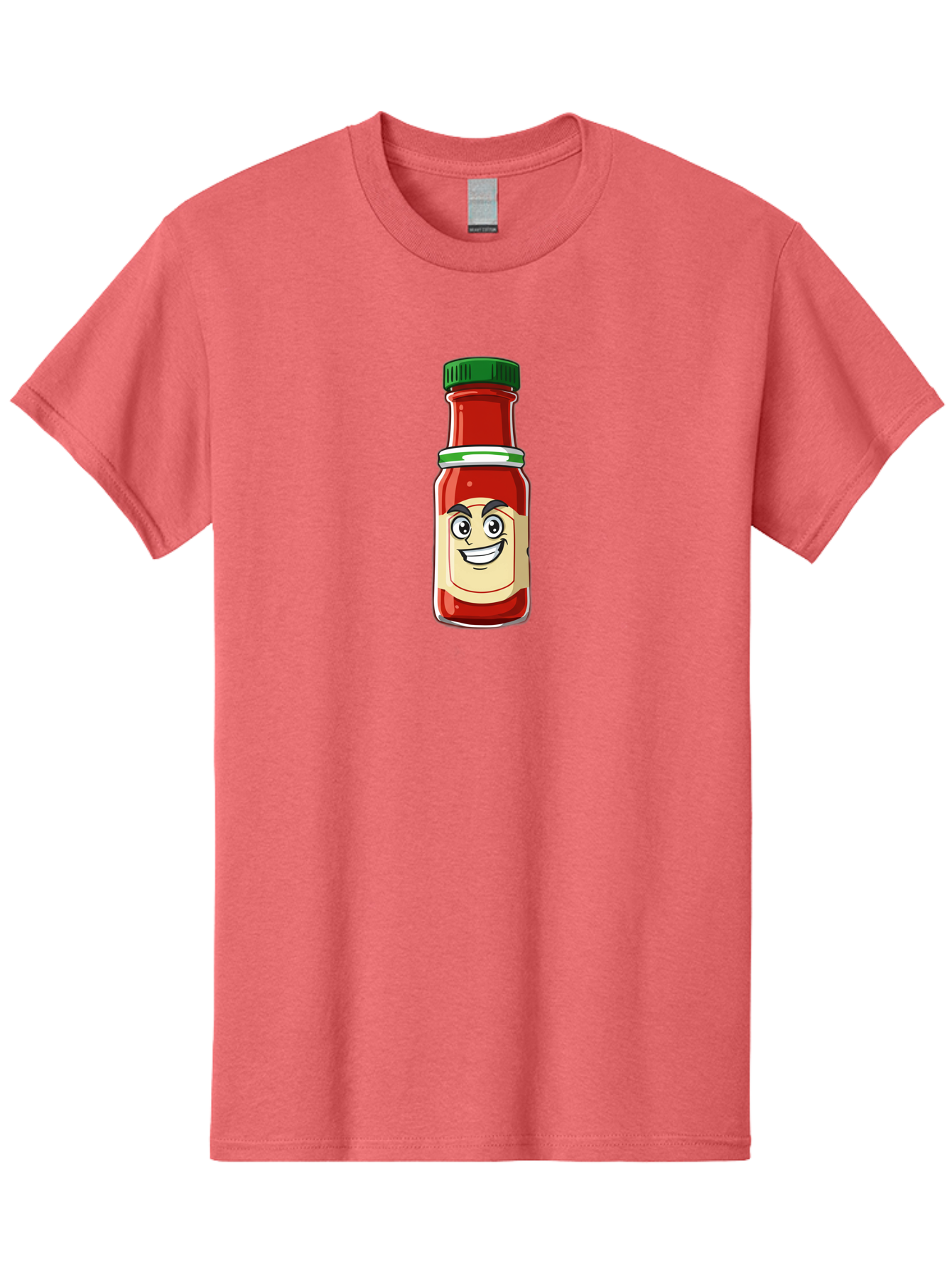 Hot-Sauce-Bottle-1 Men'S Graphic Tee, 100% Cotton, Comfortable Casual Summer Wear, Machine Washable, Cartoon Hot Sauce, Smiling Face, Red Sauce, Green Cap, Condiment Bottle, Humorous Illustration, Ketchup Alternative, Spicy Food, Baa822