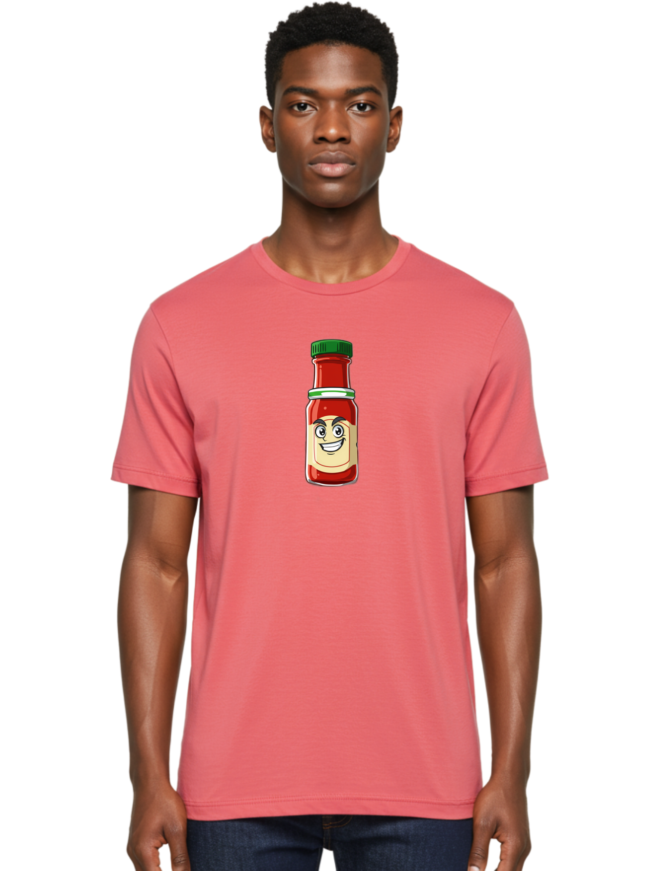 Hot-Sauce-Bottle-1 Men'S Graphic Tee, 100% Cotton, Comfortable Casual Summer Wear, Machine Washable, Cartoon Hot Sauce, Smiling Face, Red Sauce, Green Cap, Condiment Bottle, Humorous Illustration, Ketchup Alternative, Spicy Food, Baa822